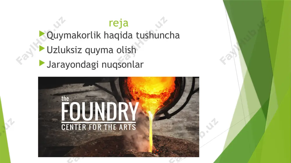 lash uchun oddiy shakllarga metallning kata hajmlarini mustahkamlashning eng samarali usuli hisoblanadi. foydali taraflari bu jarayon ancha arzon 100% to’qimalarni hosil qiladi jarayon osongina mexanizatsiyalashtirish mumkin va shuning uchun birlik ishchi xarajatlari kamroq dazmollar yuzalarni yaxshi tekkizlaydi don hajmlari va tuzilishi osongina boshqarilishi mumkin ishlab chiqarish ancha yengil va kam chiqim noqulay taraflari qolip uzluksiz ravishda yetarlicha sovutilishi talab qilinadi faqat oddiy shakllar olish mumkin kichik ishlab chiqarish uchun mos emas katta- kata maydonlarni talab qilinadi nuqsonlar har qanday og'ish sifatida aniqlanishi mumkin tashqi ko'rinishi, shakli, hajmi, tuzilishi yoki kimyoviy xossalarida. bunda kamchiliklar aniqlanadi, sirt sifati tekshiriladi. nuqsonlar har doim ham bitta ishning natijasi emas. ko'pincha shikastlanish bir nechta o'zaro ta'sirning natijasidir, o'zgaruvchan parametrlar soniga bog'liq bo’ladi. ichli nuqsonlar yuza nuqsonlari juda kuchli yoki notekis sovutish qolipda metallarni miqdori o’zgarishi dazmollarning yuqori haroratda bolishi bir maromda quymani haydamaslik harakatlantiruvchi mog'orda uzluksiz quymalarni ishlab chiqaruvchi chiziqlar va plitkalarkam nuqsonli yuzasiga ega. …