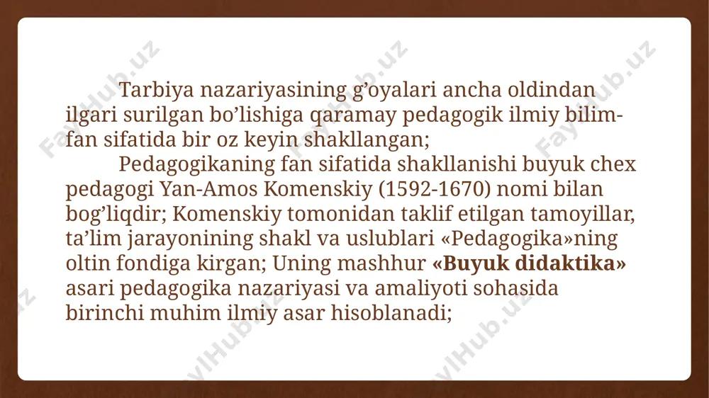 i holda tadqiqotchining jiddiy tayyorgarlik ko’rishini talab etadi, chunki u tekshirayotgan shaxs bilan bevosita aloqada bo’li shvaqtida og’zaki suhbat tarzida, suhbatdoshining javoblarini yozmasdan erkin muomala formasida qo’llaniladi; pedagogik so’rash metodi- tadqiqotchining boshqa kishilardan pedagogik tajribaning biror tomoni yoki hodisalari haqida axborot olish jarayoni bu metodning asosini tashkil qiladi; test sinovlar metodi- bu yozma javoblarning ommaviy ravishda yig’ib olish metodidir; test sinovlarini(anketalarini) ishlab chiqish murakkab ilmiy jarayon; pirovard natijada tadqiqot natijalarining ishonchliligi anketalar mazmuniga, berilayotgan savollar shakliga, to’ldirilgan anketalar soniga bog’liq bo’ladi; maktab hujjatlarini tahlil qilish usuli – bunda o’quvchilarning umumiy miqdori, uning o’sishi yoki kamayish sabablari tavsifi, o’quvchilarning fanlar bo’yicha o’zlashtirish darajasiga, sinfdan qolishning oldini olish, rag’batlantirish va jazolash choralari turlariga, maktabning moddiy bazasiga e’tibor beriladi eksperiment-tajriba-sinov usuli- ushbu tajriba asosan ta’lim-tarbiya jarayoniga aloqador ilmiy faraz yoki amaliy ishlarning tadbiqi jarayonlarini tekshirish, aniqlash maqsadida o’tkaziladi; statistika ma’lumotlarini tahlil qilish usuli- xalq ta’limi sohasidagi, jumladan, ajratilgan mablag’larning doimiy o’sib borishi, darslik …
