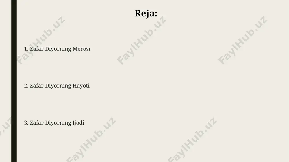 arqand viloyatida, kam ta'minlangan oilada tug'ilgan bo'lib, bolaligining dastlabki 5 yili qishloq xo'jaligi bilan shug'ullanadigan oila muhitida o'tgan. yoshligida, taxminan 10 yoshida, zafar diyor she'riyatga qiziqib, mahalliy madaniy tadbirlarda 2-3 marta ishtirok etgan va birinchi she'rlarini yoza boshlagan. e'tiboringiz uchun rahmat @taqdimot_robot