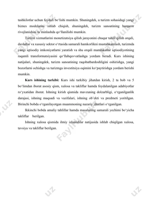 iqtisodiyotidagi oʻz mavqeyini kengaytirib, transport, aloqa, savdo, qurilish, qishloq xoʻjaligi, xalq isteʼmoli tovarlari ishlab chiqarish sohalari bilan hamnafas rivojlanmoqda. [1: https://www.statista.com/topics/962/global-tourism/#topicoverview] [2: o‘zbekiston respublikasi prezidentining 2017-yil 16-avgustdagi pq-3217-son qarori ] hozirgi zamonamizdagi iqtisodiyoti rivojlangan barcha davlatlarda har bir soha, tarmoq va yo‘nalishlarga alohida e'tibor berilmoqda. chunki, ular mamlakat iqtisodiyoti rivolanishi, aholi turmush darajasini vaxshilanishi va boshga bir gancha omillarga ma lum bir ulushda hissa go‘shib, ta'sir ko‘rsatmoqda. turizm sohasi xizmat ko‘rsatish sohasini eng katta tarkibiy qismidir. turizm - bu sayohat qilishning bir turi bo'lib, unda kishilar dam olish, biznes qilish, boshqa xalglar madaniyatini o‘rganish kabi boshga magsadlar uchun odatiy bo‘lgan muhitdan tashqaridagi joylarga sayohat qilish tushuniladi. hozirgi shiddatli zamonda turizmning bir gancha turlari mavjud. jumladan, rekreatsion turizm, biznes turizm, ekskursiyaviy turizm, ekstremal turizm, madaniy va ma'rifiy turizm, vip turizm, ya'ni qimmatli dam olish maskanlariga tashrif buyurish, ekoturizm, tog‘ turizmi, etnik turizm, dengiz turizmi va boshgalar. turizmninmg har bir turidan o‘ziga …