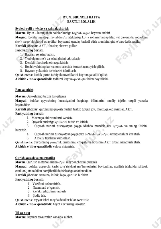 i tushuntirish. 2. namunani о‘rganish. 3. kerakli jihozlarni tanlash 4. ijodiy ish. qо‘shimcha: tayyor ishni mayda detallar bilan tо‘ldirish alohida e’tibor qaratiladi: hayot xavfsizligi asoslari. til va nutq mavzu: bayram taasurotlari asosida suhbat. maqsad: bolalar “1-iyun xalqaro bolalarni himoya qilish kuni” va u kunni qanday о‘tkazganliklari haqida fikrlarini bayon etadilar, lug‘at boyliklarini oshiradilar. kerakli jihozlar: mavzuga oid rasmlar. faoliyatning borishi: 1. turli xil bayramlar aks etgan mavzuli rasmlar. 2. о‘zaro suhbat qurish. 3. borgan joylari haqida dо‘stlari bilan о‘rtoqlashish. 4. yana qayerlarga borishni istashlarini aytish. qо‘shimcha: borgan maskanlarining rasmini chizish. fan va tabiat mavzu: shirin sharbatlar maqsad: bolalar mevalar siqish yо‘li bilan mustaqil ravishda sharbat tayyorlaydilar va uning nima uchun foydali ekanligini aytib beradilar. kerakli jihozlar: xо‘l mevalar, naycha (trubochka), stakan, suv, salfetka. faoliyatning borishi: 1. vazifani tushintirish. 2. xо‘l mevalarni kuzatish. 3. xо‘l mevalarni siqish va ulardan sharbat olish. 4. sharbatlarni totib kо‘rish. 5. qaysi sharbat nima uchun foydali …