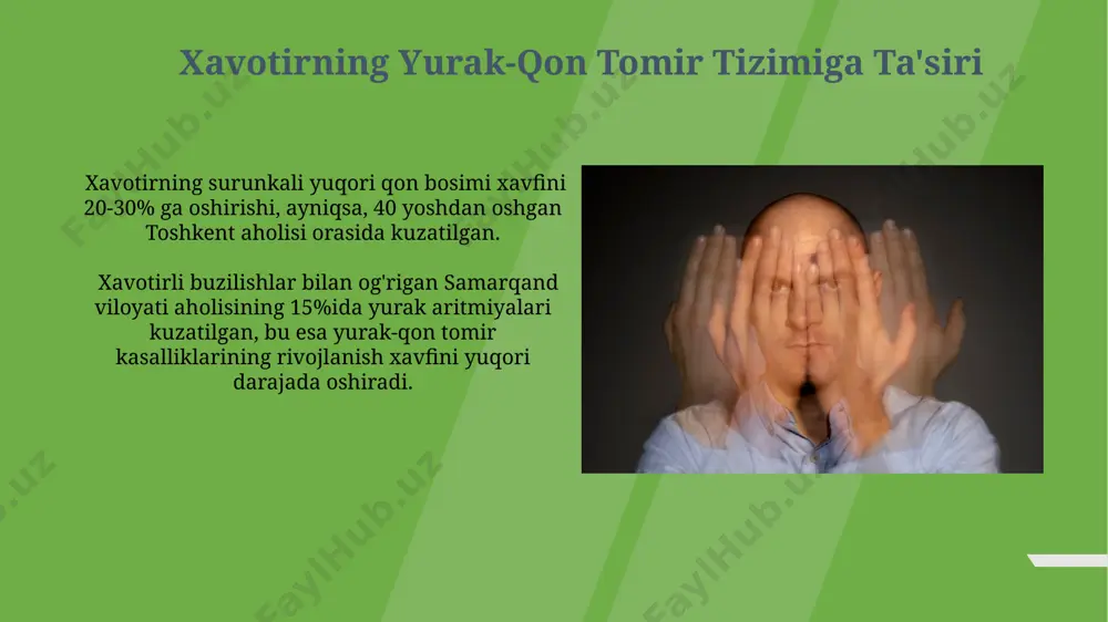 arning tashxisi va davolashda xavotirning rolini o'rganish foydalanilgan 5 turdagi dori-darmonlardan biri bo'lgan antidepresantlarning ta'siri bilan bog'liq holda, xavotirni boshqarish buyuk britaniyada o'tkazilgan tadqiqotga ko'ra, somatik kasalliklar davolash samaradorligini 10-15% ga yaxshilaydi. samarqanddagi klinik kuzatuvlar, xavotir buzilishiga chalingan bemorlarda yurak-qon tomir kasalliklari diagnostikasida 20% ga yaqin noto'g'ri tashxis qo'yilishi xavfini oshirishi mumkinligini aniqladi. xavotir va terining kasalliklari ақшнинг мичиган университетида ўтказилган таҳлилларда, юқори даражадаги тревогага эга бўлган беморларда терининг яллиғланиши 45%га кўпроқ учраши аниқланган. ўзбекистондаги 2022 йилги тадқиқотлар кўрсатишича, хвотирли бузилишлар билан оғриган 30% аёлларда экзема ёки псориаз каби тери касалликлари кузатилган. xavotir va nafas olish tizimi kasalliklari surunkali xavotir 50% ga yaqin hollarda samarkand viloyati aholisida o'pka funksiyasining pasayishi va nafas qisilishi bilan bog'liq. aqshda olib borilgan klinik tadqiqotlar shuni ko'rsatdiki, yuqori darajadagi xavotirga ega bo'lgan 7 dan 10 gacha bemorda nafas olish tezligi daqiqada 25 nafasdan oshadi. xavotirning fiziologik ta'siri surunkali xavotir hissiyati me'da-ichak trakti faoliyatiga salbiy ta'sir …