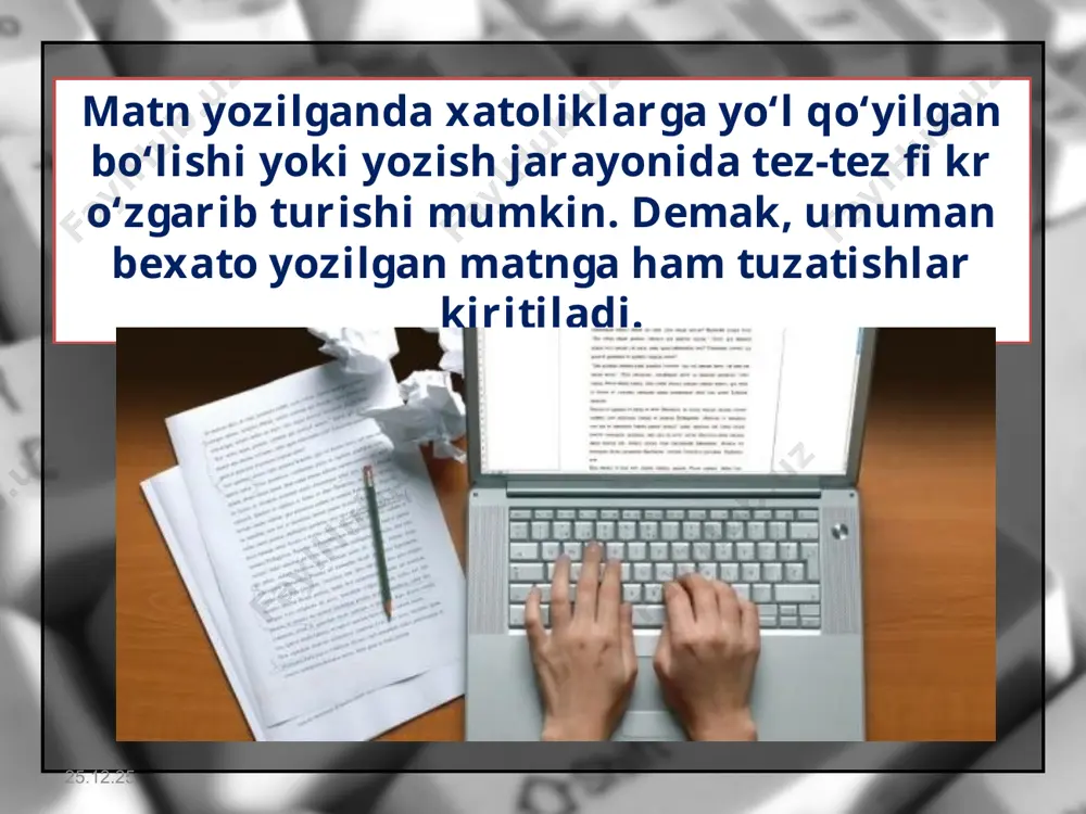 shtirilishiga ko‘p vaqt sarfl anadi. ms word dasturida bu jarayonni amalga oshirish qulay bo‘lishi uchun izlash va almashtirish (найти и заменить) muloqot oynasi bor. mazkur oynani chaqirish uchun ctrl + f tezkor klavishlar juftligini bosish yoki bosh (главная) me nyuning tahrirlash (редактирование) mantiqiy guruhidan almashtirish (заменить) tugmasini tanlash mumkin. * natijada izlash (найти), izlash va almashtirish (найти и заменить) hamda otish перейти) qatlamlaridan iborat quyidagi ko‘rinishdagi muloqot oynasi ochiladi: * * mazkur oynaning найти: maydoniga izlanayotgan so‘z, заменить на: maydoniga almashtirilayotgan so‘z yoziladi. endi maqsaddan kelib chiqib almashtirilsin (заменить), barchasi almashtirilsin (заменить все) yoki keyingisi izlansin (найти далее) tugmalaridan foydalaniladi. * savol va topshiriqlar 1. matnni tahrir qilish deganda nimani tushunasiz? 2. matnni tahrir qilishda ishlatiladigan amallarni ayting. 3. matnga «tushib qolgan» belgilar qanday kiritiladi? 4. matndagi ortiqcha belgi qanday o‘chiriladi? 5. blok deganda nimani tushunasiz? 6. matn qismini blokka olish usullarini amalda ko‘rsating. 7. matnning belgilangan qismi ustida qanday …