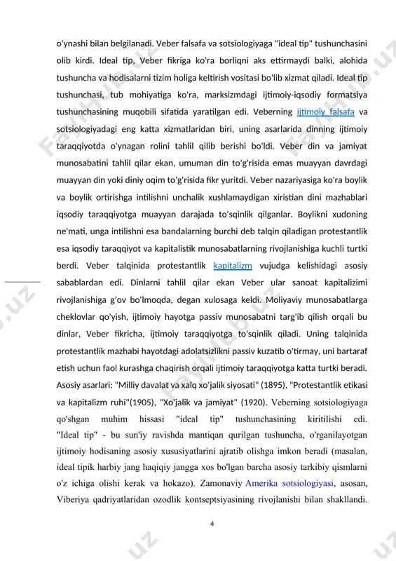 oqim to'g'risida fikr yuritdi. veber nazariyasiga ko'ra boylik va boylik ortirishga intilishni unchalik xushlamaydigan xiristian dini mazhablari iqsodiy taraqqiyotga muayyan darajada to'sqinlik qilganlar. boylikni xudoning ne'mati, unga intilishni esa bandalarning burchi deb talqin qiladigan protestantlik esa iqsodiy taraqqiyot va kapitalistik munosabatlarning rivojlanishiga kuchli turtki berdi. veber talqinida protestantlik kapitalizm vujudga kelishidagi asosiy sabablardan edi. dinlarni tahlil qilar ekan veber ular sanoat kapitalizimi rivojlanishiga g'ov bo'lmoqda, degan xulosaga keldi. moliyaviy munosabatlarga cheklovlar qo'yish, ijtimoiy hayotga passiv munosabatni targ'ib qilish orqali bu dinlar, veber fikricha, ijtimoiy taraqqiyotga to'sqinlik qiladi. uning talqinida protestantlik mazhabi hayotdagi adolatsizlikni passiv kuzatib o'tirmay, uni bartaraf etish uchun faol kurashga chaqirish orqali ijtimoiy taraqqiyotga katta turtki beradi. asosiy asarlari: "milliy davalat va xalq xo'jalik siyosati" (1895), "protestantlik etikasi va kapitalizm ruhi"(1905), "xo'jalik va jamiyat" (1920). veberning sotsiologiyaga qo'shgan muhim hissasi "ideal tip" tushunchasining kiritilishi edi. "ideal tip" - bu sun'iy ravishda mantiqan qurilgan tushuncha, o'rganilayotgan ijtimoiy hodisaning asosiy …