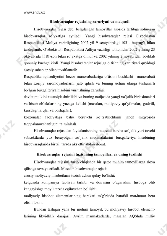 maьlumot bera olishi lozim. bundan tashqari yana bir muhim tamoyil, bu moliyaviy hisobot element-larining likvidlilik darajasi. ayrim mamlakatlarda, masalan aqshda milliy buxgalteriya hisobi standarti (gaap)ga asosan oddiy hisobvaraqlar rejasining tuzilishi quyidagi ko`rinishga ega bo`ladi: aktivlar (т.r. 100-199) 100 kassa 110 olinadigan hisobvaraqlar 120 olingan veksellar 130 тovar zahiralari 140 тo`langan sug`urta 142 materiallar uchun oldindan to`lov 150 er 160 bino 170 uskuna majburiyatlar (т.r. 200-299) 200 тo`lanadigan hisobvaraqlar 210 berilgan qisqa muddatli veksellar 220 hisoblangan ish haqi 225 hisoblangan foizlar 260 berilgan uzoq muddatli veksellar mulk egasining kapitali (т.r. 300-399) 300 kapital 310 kapitalning olinishi daromadlar (т.r. 400-499) 400 тushum 410 ijaradan olingan daromad 420 olingan foizlar harajatlar (т.r. 500-599) 500 ish haqi 510 ish haqidan soliq 520 uskuna ijarasi xarajatlari 525 bino ijarasi arajatlari 530 kommunal xizmatlar 540 sug`urta xarajatlari 550 material xarajatlari 560 ekspluatatsiya xarajatlari 570 foizlarning to`lanishi o`zbekiston respublikasida harakat qilayotgan yangi hisobvaraklar rejasi olti qism va …
