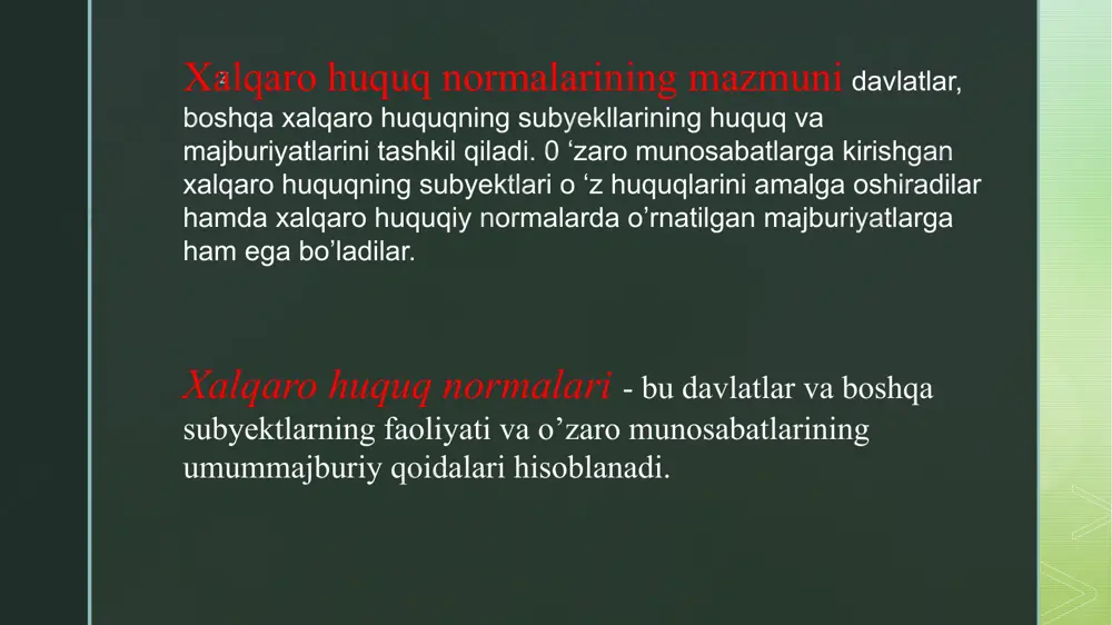 ing mahsuli sifatida namoyon bo‘lib, huquqiy norma sifatida tan olinadi. davlatlarning kelishilgan ifodasi bo’lmish xalqaro tashkilotlarning qarorlari odatlarni tashkil topishning tayanch fursati bo‘lishi mumkin. z yordamchi vosita hisoblangan sud qarorlariga bmt xalqaro sudi, boshqa xalqaro arbitraj va sud organlarining qarorlari kiradi. bmt xalqaro sudi va boshqa xalqaro sud organlariga nizoli ishlar bilan murojaat qilinganda davlatlar ko'pincha nizolashayotgan taraflar uchun majburiy bo’lgan odat normalarining mavjudligini belgib berishni so‘rashadi. bmt xalqaro sudi o 4zining amaliyoti davomida odatlaming mavjudligini tasdiqlash bilan cheklanmay balki ularga ma’lum darajada aniq ifoda (ta’rif) bergan. misol tariqasida bmt xalqaro sudining 1951-yildagi baliqchilik to ‘g‘risidagi ingliz-norvegiya nizosi haqidagi qarorini keltirish mumkin. jumladan, odat normalarini aniqlashda qirg‘oqbo‘yi davlatlar o ‘zlarining hududiy suv havzasining oxirgi chegrasi sifatida ularni aniqlash uchun to'g’ri chiziqni ham qo'llash mumkinligi bayon etilgan. z xalqaro odatlar xalqaro odatlar shartnomalar kabi xalqaro huquqning manbasi ham hisoblanadi. 1969-yilgi “xalqaro shartnomalar huquqi” deb nomlarigan vena konvensiyasi shuni qayd etadiki, xalqaro …