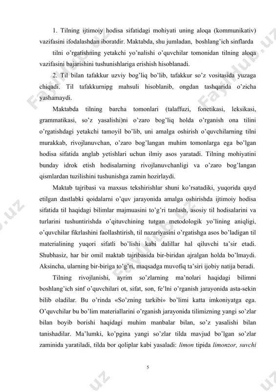 ng yangi so’zlar bilan boyib borishi haqidagi muhim manbalar bilan, so’z yasalishi bilan tanishadilar. ma’lumki, ko’pgina yangi so’zlar tilda mavjud bo’lgan so’zlar zaminida yaratiladi, tilda bor qoliplar kabi yasaladi: limon tipida limonzor, suvchi tipida bo’zchi kabi. tilda yangi so’zning paydo bo’lishi o’zidan keyin bir xil o’zakli so’zlar guruhining hosil bo’lishiga sabab bo’ladi: ishli, ishsiz, ishchi kabi. boshlang’ich sinflarda tilning rivojlanishi haqidagi masala maxsus o’rganilmaydi. tilga jamiyatning rivojlanishi bilan bog’liq holda rivojlanadigan hodisa sifatida ilmiy qarashga zamin yaratish muhim ahamiyatga ega. tilning leksik tomoni boshqalariga nisbatan xarakatchan, tez rivojlanadigan bo’lgani uchun, til leksikasi misolida boshlang’ich sinf o’quvchilari saviyasiga mos ravishda jamiyatning rivojlanishi bilan bog’liq holda tilning ham rivojlanishi tushuntiriladi. tilning leksik tarkibida yuz berayotgan o’zgarishlar yuzasidan o’qituvchi va o’quvchilarning kuzatishlari bolalarda dunyoni bilish haqidagi tasavvurini shakllantirishga mos mate​rial beradi. tildan bilim berishda o’quvchilarning hayotiy tajribasiga tayanish muhimdir. o’qituvchi nazariy xarakterdagi umumlashtirish zarur bo’lgan daliliy materiallarni yig’ish bosqichida ham, berilgan bilimlarni amaliyotga …