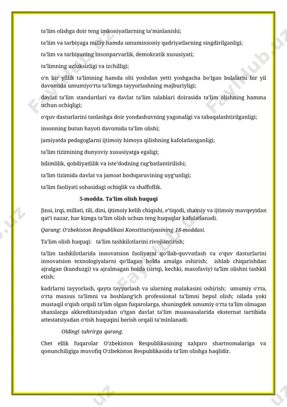 rida innovatsion faoliyatni qo‘llab-quvvatlash va o‘quv dasturlarini innovatsion texnologiyalarni qo‘llagan holda amalga oshirish; ishlab chiqarishdan ajralgan (kunduzgi) va ajralmagan holda (sirtqi, kechki, masofaviy) ta’lim olishni tashkil etish; kadrlarni tayyorlash, qayta tayyorlash va ularning malakasini oshirish; umumiy o‘rta, o‘rta maxsus ta’limni va boshlang‘ich professional ta’limni bepul olish; oilada yoki mustaqil o‘qish orqali ta’lim olgan fuqarolarga, shuningdek umumiy o‘rta ta’lim olmagan shaxslarga akkreditatsiyadan o‘tgan davlat ta’lim muassasalarida eksternat tartibida attestatsiyadan o‘tish huquqini berish orqali ta’minlanadi. oldingi tahrirga qarang. chet ellik fuqarolar o‘zbekiston respublikasining xalqaro shartnomalariga va qonunchiligiga muvofiq o‘zbekiston respublikasida ta’lim olishga haqlidir. (5-moddaning uchinchi qismi o‘zbekiston respublikasining 2021-yil 21-apreldagi o‘rq-683-sonli qonuni tahririda — qonunchilik ma’lumotlari milliy bazasi, 21.04.2021-y., 03/21/683/0375-son) o‘zbekiston respublikasida doimiy yashayotgan fuqaroligi bo‘lmagan shaxslar ta’lim olish uchun o‘zbekiston respublikasi fuqarolari bilan teng huquqlarga ega. 2-bob. ta’lim tizimi, turlari va shakllari 6-modda. ta’lim tizimi ta’lim tizimi:davlat ta’lim standartlarini, davlat ta’lim talablarini, o‘quv rejalari va o‘quv dasturlarini; davlat ta’lim standartlarini, davlat …