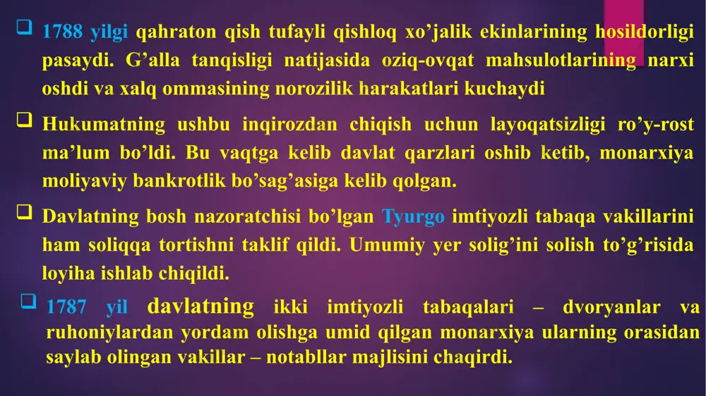 millat majlisi deputatlari deputat mirabo chaqirig’iga ko’ra konstitusiya ishlab chiqilmaguncha tarqamaslikka so’z berdilar. 27 iyun kuni qirol imtiyozli tabaqalarning boshqa deputatlariga ham millat majlisiga qo’shilishlariga rozilik berishga majbur bo’ldi. 9 iyul kuni mavjud 3 ta hukmron tabaqalardan tashkil topgan millat majlisi o’zini ta’sis majlisi deb e’lon qildi. fransiyada inqilob boshlandi. boshlangan inqilobni to’xtatish uchun qirol parijga yollanma qo’shin kiritdi. 11 iyul kuni nekker vazifasidan ozod qilindi. 12-13 iyul kunlari xalqning qo’shin bilan harbiy to’qnashuvlari bo’lib o’tdi. xalq ommasi qurol - aslaha omborlariga hujum qilib, qurollandi. 14 iyul kuni ertalab qurollangan parijlik olomon despotizmning ramzi bo’lgan va siyosiy qamoqxona vazifasini o’tayotgan bastiliya qal’asiga hujum qildi. parijlik olomon va fransuz gvardiyasining askarlari bastiliya qal’asini zabt etdilar. bastiliya vayron qilindi. bastiliyani ishg’ol qilishda 662 kishi qatnashgan bo’lib, ularning 426 tasi savdogarlar va hunarmandlar, 149 tasi xalfalar, shogirdlar va ishchilar, 77 tasi askarlar, 4 tasi kommersant, 5 tasi xizmatchi va 1 tasi o’qituvchi bo’lgan. …