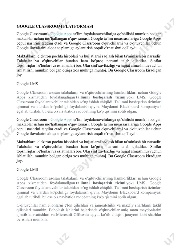 u google classroom kiradigan joy. google lms google classroom asosan talabalarni va o'qituvchilarning hamkorliklari uchun google apps xizmatidan foydalanadigan ta'limni boshqarish tizimi yoki lms. google classroom foydalanuvchilar talabidan so'ng ishlab chiqildi. ta'limni boshqarish tizimlari qimmat va ulardan ko'pchiligi foydalanish qiyin. maydonni blackboard kompaniyasi egallab turibdi, bu esa o'z navbatida raqobatning ko'p qismini sotib olgan. o'qituvchilar ham e'lonlarni e'lon qilishlari va jamoatchilik va maxfiy sharhlarni taklif qilishlari mumkin. baholash ishlarini bajarishda o'qituvchilar aniq matn maydonlarini ajratib ko'rsatishlari va microsoft office-da qayta ko'rib chiqish jarayoni kabi sharhlar berishlari mumkin. ota / guardian access maktablar, ota-onalar yoki vasiylarning talabalar faoliyatining xulosalaridan foydalanishiga ruxsat berishni tanlashi mumkin. buning ma'nosi shundaki, ular o'quvchilarga o'xshab to'liq kirish o'rniga ota-onalar o'quvchilarning taraqqiyotini tekshirish uchun sinfga kiradilar. ota-onalar keyinchalik etishmayotgan ishi, kelgusi ishi va o'qituvchidan har qanday topshiriq yoki aloqani o'z ichiga olgan elektron pochta olishlari mumkin. siz ikkita ota-onaga muhtoj emasmikin? ko'pgina maktablar allaqachon mavjud bo'lgan talabalar …