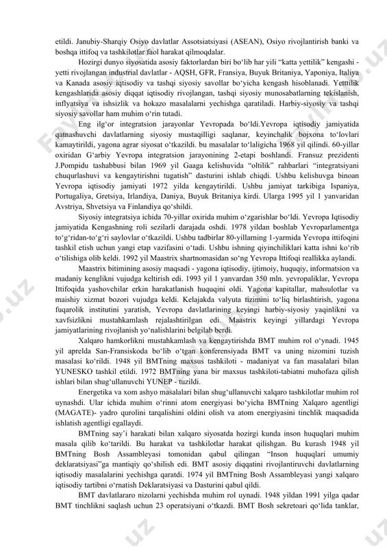 arama-qarshilikning yumshashiga asosiy sabab aqsh va sssrning tugamas harbiy, iqtisodiy, siyosiy va g‘oyaviy qarama-qarshiligi zaiflanishi bo‘ldi. harbiy qudratning oshib borishi natijasida iqtisodiy o‘sish kamaydi. shu bilan birga aqsh va sssr ittifoqdoshlari iqtisodiy va harbiy qudratining oshishi muhim rol uynadi. natijada 70-yillarda yadro-strategik nufuz uchun davlatlar qarama-qarshiliklardan voz kechib harbiy xavfsizlik yuzasidan hamkorlikka kelishildi. ko‘pgina masalalar ikki qutbli dunyo tartibi ramkalarida ochilsada, dunyo jamiyati manfaatini ko‘zlab hamda yechilardi. 2. dunyo siyosatida markazga intilish tendensiyalari xx asrning 2-yarmida iqtisodiy va siyosiy integratsiyaning o‘sishi tendensiyasi bilan xarakterlidir. u ko‘pgina xalqaro davlatlararo va davlat tashkiloti bo‘lmagan tashkilotlarning vujudga kelishi bilan shakllangan. ikkinchi jahon urushidan oldin ularning soni bir necha o‘nta bo‘lsa, hozirgi kunda birinchi turdagi tashkilotlar soni bir necha yuztani, ikkinchi tipdagi 2,5 mingga yaqin. ikkinchi jahon urushidan keyin bmt, nato, dunyo banki kabilar vujudga keldi. hozirgi kunda asosiy rolni davlatlarning bir guruhi, dunyoviy va regional tashkilotlar, yevropa ittifoqi, amerika davlatlar tashkiloti (adt), neft …