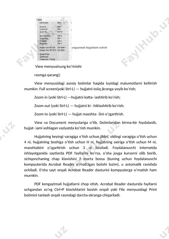 hujjatning oxiriga o‘tish uchun m ni, masshtabini o‘zgartirish uchun 3 ni bosiladi. foydalanuvchi internetda ishlayotganida saytlarda pdf fayllarini ko‘rsa, o‘sha joyga kursorni olib borib, sichqonchaning chap klavishini 2 marta bossa (buning uchun foydalanuvchi kompyuterida acrobat reader o‘rnati3gan boiishi lozim), u avtomatik ravishda ochiladi. 0‘sha sayt orqali acrobat reader dasturini kompyuterga o‘rnatish ham murnkin. ( pdf kengaytmali hujjatlarni ochish ) pdf kengaytmali hujjatlarni chop etish. acrobat reader dasturida fayllarni ochgandan so‘ng ctrl+p klavishlarini bosish orqali yoki file menyusidagi print boiimini tanlash orqali rasmdagi darcha ekranga chiqariladi: by darchada print qismida printerlar to‘g‘rilanadi. print range qismida barcha varaqlarni, faol varaqni, kerakli varaqlami (masalan, 100 varaqli hujjat boisa, 3 varaqdan 10 varaqqacha) printer orqali chop etish mumkin. copies qismida har bir varaqdan nechta nusxa olish mumkinligi ko‘rsatiladi. ekranning pastki qismida esa oldin toq raqamli varaqlarni, so‘ngra juft raqamli varaqlarni chop etish mumkin. print darchasining ko‘rinishi qo‘shimcha ma’lumotlar olish. acrobat reader dasturi haqida kerakli …