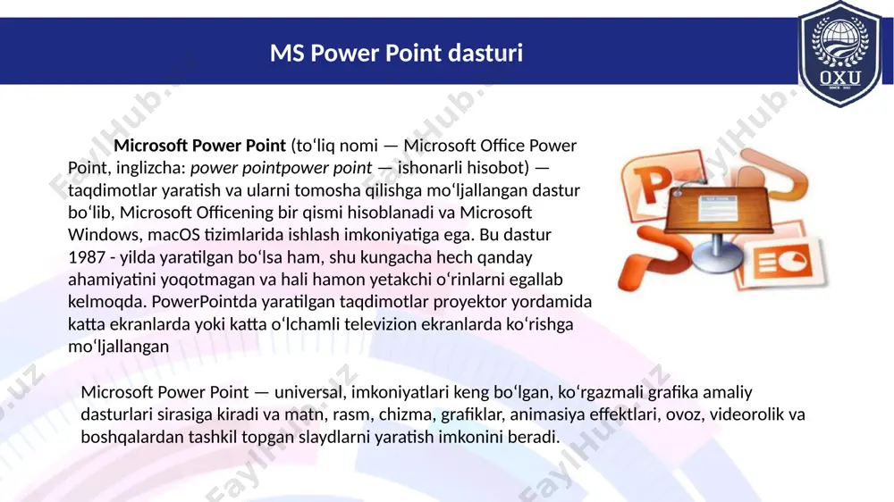t: fayl, pravka, vid, vstavka, format, servis, tablitsa va okno. bu bo‘limlar yordamida biz taqdimot, slayd va ularda joylashgan xar xil matn, rasm hamda boshqa istalgan obyektlar ustidan har xil amallarni bajarishimiz mumkin. endi bu bo‘limlar bilan yaqinroq tanishaylik: taqdimot haqida tushuncha e’tiboringiz uchu rahmat 11 image1.png image2.png image3.png image4.jpg image5.png image6.png image7.png image8.jpeg image9.jpeg image10.jpeg image11.jpeg image12.png image13.png image14.png image15.png /docprops/thumbnail.jpeg