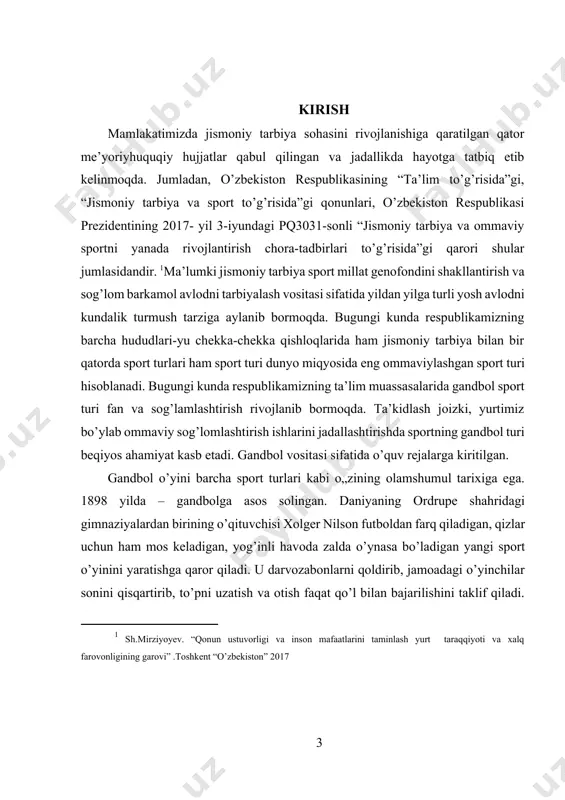 ilan tan olinishi bir qator mamlakatlarda o’yinni rivojlantirishga turtki berdi. ga ndbol musobaqalari o’tkazilgan. 1960-yili xarkov shahrida yoshlar orasida gandbol bo’yicha butunittifoq musobaqalari o’tkazildi va shundan so’ng sportning bu turi mamlakatda tez rivojlana boshladi. 1960-yilda o’zbekistonda gandbolni vujudga kelishi va rivojlanish tarixi 1938-yilda respublikamizda gandbol bo’yicha birinchi chempionat o’tkazildi. 1960-yilgacha o’zbekistonda toshkent oliy harbiy bilim yurtida ta’lim oluvchi kursantlar orasida o’zbekiston davlat jismoniy tarbiya institutida ilk bor gandbol mutaxassisligi bo’limi ochildi. 1960-yildan boshlab toshkent shahar birinchiliklarida 16-20 jamoa qatnasha boshladi va ozbekiston gandbolchilarining sobiq ittifoq musobaqalarida qatnasha boshlagan yili deb qayd etildi. 1962-yili tbilisi va sverdlov shaharlarida o’tkazilgan ikkinchi sobiq ittifoq chempionatida erkaklar orasida o’zbekiston terma jamoasi muvaffaqiyatli ishtirok etib, oliy ligaga yo’llanma oldi kurs ishining maqsadi:"gandbolda darvozabon o‘yin texnikasi" mavzusining maqsadi gandbol sport turida darvozabonning o‘yin davomida bajaradigan harakatlarini va ularga qo‘yiladigan talablarni o‘rgatishdan iborat. ushbu mavzu gandbol o‘yinida darvozabonning texnika va taktik jihatdan samarali harakat qilishini ta'minlash, shuningdek, …