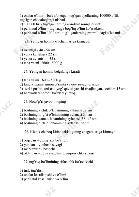 ld -levitskiy uslublari bilan nima aniqlanadi? 1. bachadon tubi balandligi 2. homila qismlarining bachadondagi joylashuvi 3. homila oldinda yotgan qismini aniqlash 4. homila oldinda yotgan qismini kichik chanoqning kirish tekisligiga nisbatan qanday joylashganligini aniqlash 5. 1,2,3,4 13. leopold -levitskiy 1 uslubli bilan nima aniqlanadi? 1. bachadon tubi balandligi 2. homila qismlarining bachadondagi joylashuvi 3. homila oldinda yotgan qismini aniqlash 4. homila oldinda yotgan qismini kichik chanoqning kirish tekisligiga nisbatan qanday joylashganligini aniqlash 14. leopold -levitskiy 2 uslubli bilan nima aniqlanadi? 1. bachadon tubi balandligi 2. homila qismlarining bachadondagi joylashuvi 3. homila oldinda yotgan qismini aniqlash 4. homila oldinda yotgan qismini kichik chanoqning kirish tekisligiga nisbatan qanday joylashganligini aniqlash 15. leopold -levitskiy 3 uslubli bilan nima aniqlanadi? 1. bachadon tubi balandligi 2. homila qismlarining bachadondagi joylashuvi 3. homila oldinda yotgan qismini aniqlash 4. homila oldinda yotgan qismini kichik chanoqning kirish tekisligiga nisbatan qanday joylashganligini aniqlash 16. leopold -levitskiy 4 uslubli bilan …