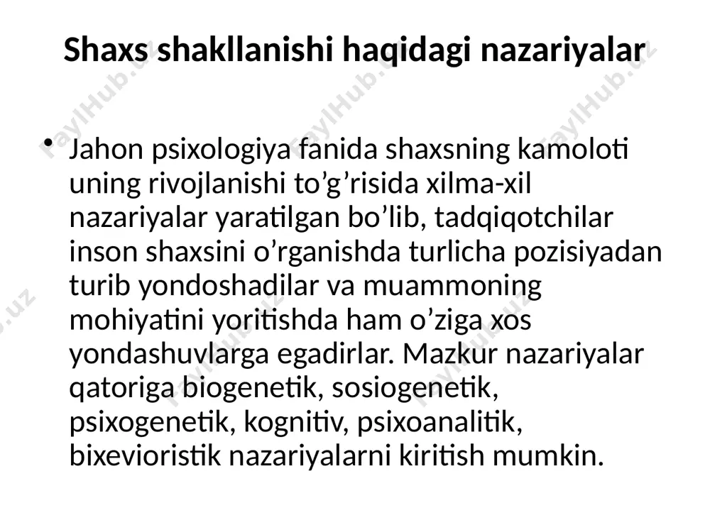 iologik nazariyaga qarama-qarshi bo’lgan nazariya sosiogenetik nazariya hisoblanadi. sosiogenetik yondashuvga binoan shaxsda roy beradigan o’zgarishlar jamiyatning tuzilishi ijtimoiylashish usullari va uni qurshab turgan odamlar bilan o’zaro munosabati vositalaridan kelib chiqqan holda tushuntiriladi. ijtimoiylashuv nazariyasiga ko’ra inson biologik tur sifatida tug’ilib, hayotning ijtimoiy shart-sharoitlarining bevosita ta'siri ostida shaxsga aylanadi. g’arbiy evropaning eng muhim nufuzli nazariyalaridan biri bu rollar nazariyasidir. ushbu nazariyaning mohiyatiga binoan jamiyat o’zining har bir a'zosiga status (haq-huquq) deb nomlangan xatti-harakat (xulq)ning barqaror usullari majmuasini taklif qiladi. inson ijtimoiy muhitda bajarishi shart bo’lgan maxsus rollari shaxsning xulq-atvor xususiyatlarida o’zgalar bilan munosabat muloqot o’rnatishda sezilarli iz qoldiradi. biologik nazariyaga qarama-qarshi bo’lgan nazariya sosiogenetik nazariya hisoblanadi. sosiogenetik yondashuvga binoan shaxsda roy beradigan o’zgarishlar jamiyatning tuzilishi ijtimoiylashish usullari va uni qurshab turgan odamlar bilan o’zaro munosabati vositalaridan kelib chiqqan holda tushuntiriladi. ijtimoiylashuv nazariyasiga ko’ra inson biologik tur sifatida tug’ilib, hayotning ijtimoiy shart-sharoitlarining bevosita ta'siri ostida shaxsga aylanadi. g’arbiy evropaning eng muhim nufuzli …