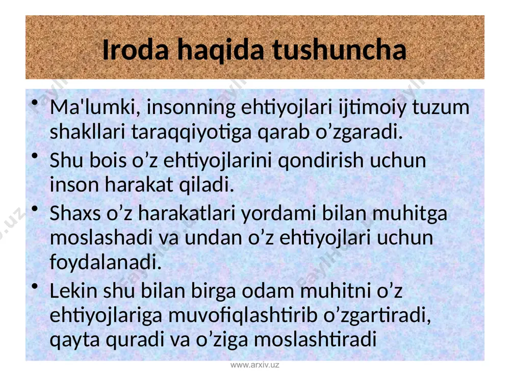 hirishdan iborat sodda shakldagi harakatlarning majmuasidan iborat emas. zo’r berishni taqozo etmaydigan ish-harakati (masalan, shkafdan choynak olish, sochiqni qoziqqa ilish va hokazolar) bilan irodaviy faoliyat tarkiblari o’rtasida keskin tafovut mavjud. irodaviy faoliyat o’ziga xos xususiyatga ega bo’lib, uning mohiyati shundan iboratki, bunda shaxs o’z oldiga qo’ygan va unga muhim ahamiyat kasb etuvchi maqsadlariga o’zi uchun kamroq qiymatga molik xatti-harakat motivlarini bo’ysundiradi. ustuvor (yetakchi) motivlar qo’shimcha ko’makchi motivlarni muayyan yo’nalishga safarbar qilib, umumiy maqsadga xizmat qildiradi. iroda insonning o’z xatti-harakatlarini (xulq-atvorini) o’zi boshqarishini, u yoki bu xususiyatli intilish va istaklarini tormozlashni talab qiladi. irodaviy faoliyat mohiyati shunda ko’zga tashlanadiki, bunda shaxs o’zini o’zi boshqaradi, o’zini qo’lga oladi, o’zining xususiy ixtiyorsiz impulsiv tomonlarini nazorat etadi, hatto zarurat tug’ilsa, u holda ularni tamoman yo’qotadi ham. www.arxiv.uz irodaviy faoliyatni yoki alohida iroda aktini (latincha actus harakat degan ma’noni anglatadi) amalga oshirishishning xususiyatlaridan biri-bu bajarilayotgan harakatlarning erkin ekanligini shaxs tomonidan anglash (bunday qilsa ham bo’ladi …