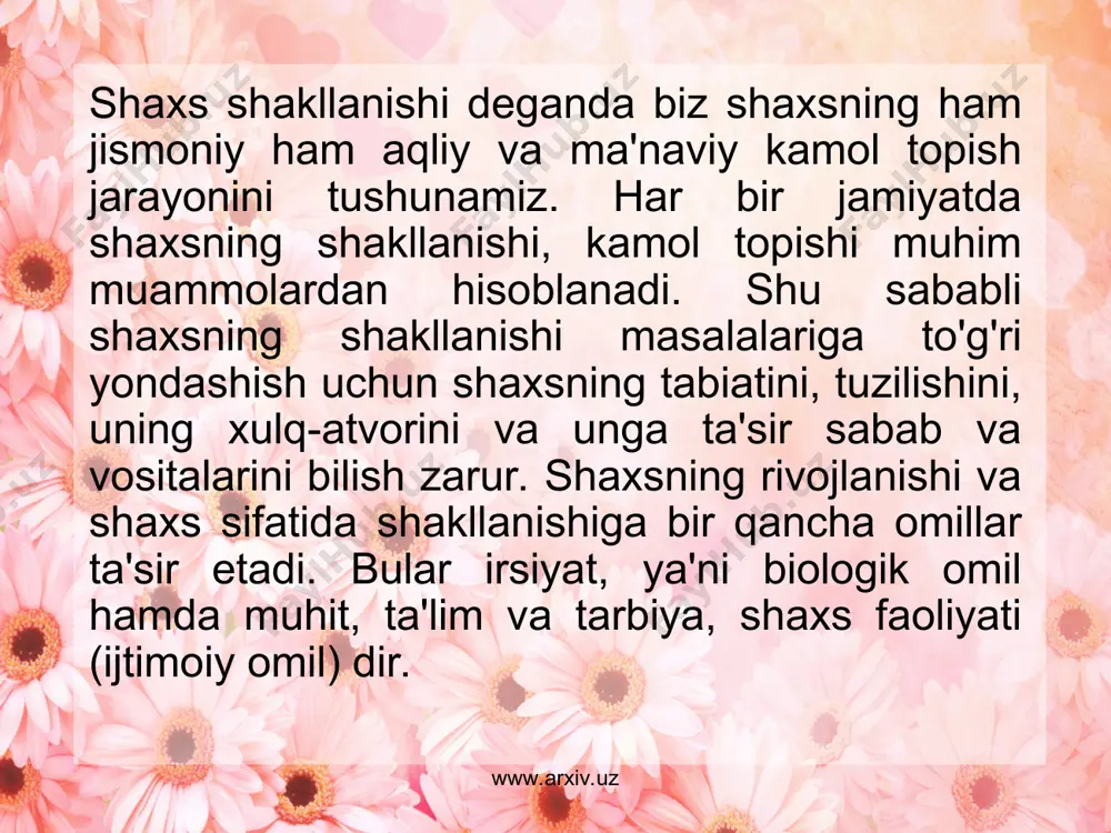 .uz o'qitish jarayonida tashqi faoliyat asosida psixik jarayonlarga o'tish yuz bergan bo'lsa, bunday jarayon psixologiyada interiorizatsiya deb nomlanadi, aksincha, aqlda shakllangan g'oyalarni bevosita tashqi harakatlarda yoki tashqi faoliyatga ko'chirilishi ektseriorizatsiya deb yuritiladi. faoliyat turlari ongning bevosita ishtiroki darajasiga ko'ra ham farqlanadi. ayrim haraktalar boshida har bir eelementni jiddiy ravishda, alohida-alohida bajarilishni va bunga butun diqqat-e'tiborni ongning yo'nalishini talab etadi. lekin vaqt o'tgach, ongning ishtiroki kamayib, ko'pgina qismlar avtomatlashib boradi. ulug' olim mutafakkir abu nasr farobiy shaxs kamolotida faoliyatning muhim o'rnini alohida qayd etib, uning turlarini bir necha bo'g'inlarga bo'ladi va amalga oshirish usullari, vaqt va fazoviy ta'rifi, fiziologik mexanizmlari to'g'risidagi g'oyani ilgari suradi. www.arxiv.uz www.arxiv.uz shaxsning shakllanishida unga berilayotgan ta'lim-tarbiyaning mazmuni, metodlari va vositalari bolaning yosh xususiyatlariga muvofq kelishi muhim sanaladi. o'qituvchi o'quvchilarning ruhiy xususiyatlarini bilishi, ma'lum yoshdagi o'quvchilarning diqqat, xotira, tafakkur layoqatlarini inobatga olishi asoisda faoliyat tashkil etishi lozim. shaxsning aqliy va jismoniy kamolotida doimo ilgariga qarab rivojlanish ro'y …