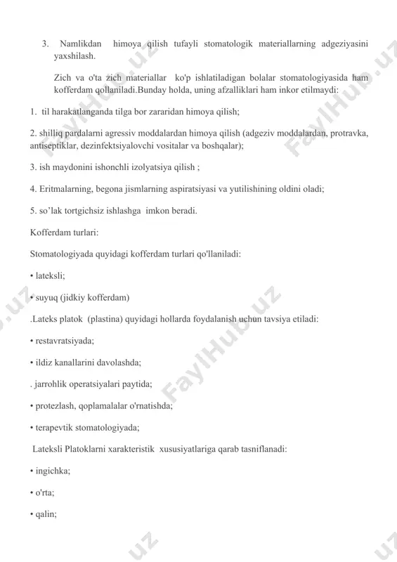 yordamida to'siq tish oralig'ida o'rnatiladi); • salfetkalar; • shtamplar. shtamp va shablon yordamida plastinka belgilanadi, teshiklarning joylari belgilanadi. kofferdam uchun qisqichlar (qisqichlar), tasnifi: • qanotsiz ("w" harfi bilan belgilangan) • qanotlari bilan. kofferdam qisqichlari juda katta assortimentga ega, ammo to'siqni mahkamlash uchun shifokor quyidagi minimal to'plamga ega bo'lishi kerak: • premolar tishlar uchun - universal № 0; • molyar tishlari uchun - № 8, 8a, w8a; • sezilarli darajada shikastlangan tishlarga - no 9, 212; • pastki jag'ning katta tishlari uchun - no 12a, 13a, 14a. bundan tashqari, ishlab chiqaruvchilar stomatologlarga rang-barang qisqich to'plamlarini taklif qilishadi. kofferdam bemorning og'ziga qanday joylashtirish haqida. kofferdamni qisqich bilan va qanotsiz joylashtirish quyidagi algoritmga muvofiq amalga oshiriladi: • to'siq qo'yilguncha anesteziya o'tkaziladi; • qisqich tish ipi bilan maxsus teshigi orqali o'rnatiladi; • belgili plastinka bilan teshik o'rnatiladi; • lateks yuzasi ramkaga o'rnatiladi; • ombur yordamida qisqich tishga qo'yiladi; • lateks yuzasi teshigi barmoqlaringiz bilan …