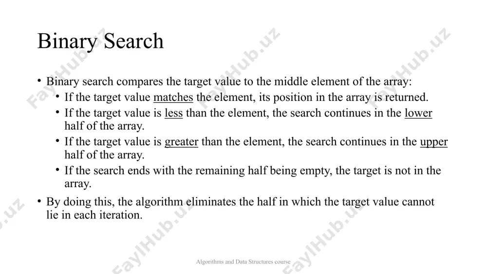 e need to find number 30 in the array: index 0 1 2 3 4 5 6 7 8 9 10 11 12 13 14 15 array 1 3 4 6 7 9 12 14 15 18 26 28 30 32 33 38 binary search example algorithms and data structures course need to find number 30 in the array: index 0 1 2 3 4 5 6 7 8 9 10 11 12 13 14 15 array 1 3 4 6 7 9 12 14 15 18 26 28 30 32 33 38 30 is equal to 30, so we found needed index which is 12 binary search complexity algorithms and data structures course on each step algorithm divides array into two almost equal parts. let’s compute number of actions performed by algorithm: let’s suppose that length of array is . so must be equal approximately , where is number …