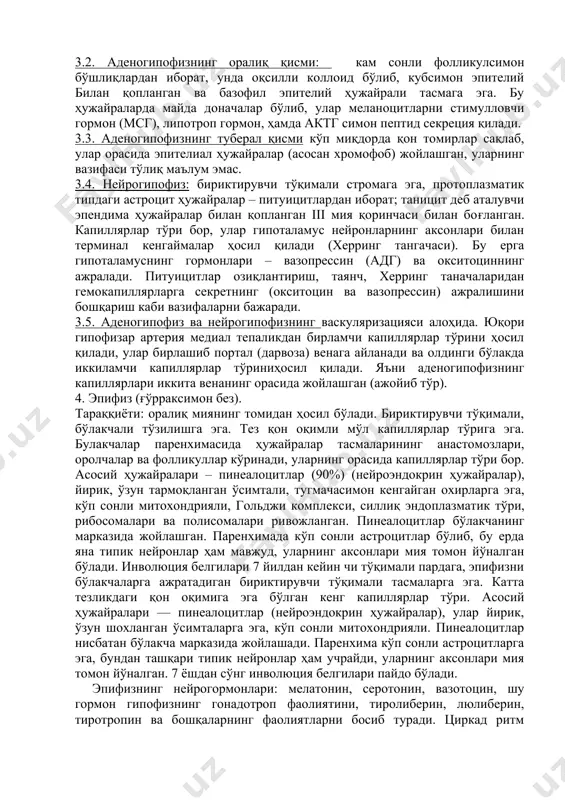 р – олдинги бўлак марказида жойлашган, нотўғри шаклда, ядроси бўлакли, митохондрия, донадор эндоплазматик тўри кўп, доначалари гардишли (чеккасида оч гардиш бор). гормони – оқсилли (актг), буйрак усти бези пўстлоғининг тутамли ва тўрсимон зоналари секрециясини стимуллайди. хромофоб ҳужайралар – тахминан 60% ташкил этади, уларнинг қуйидаги турлари фарқланади. 1) етилмаган, кам ихтисослашган камбиал ҳужайралар; 2) етилган ҳужайралар, секрет ажратган, донасиз. 3) фолликуляр – юлдузсимон ҳужайралар, ўсимталарга эга, тўр ҳосил қилади. 3.2. аденогипофизнинг оралиқ қисми: кам сонли фолликулсимон бўшлиқлардан иборат, унда оқсилли коллоид бўлиб, кубсимон эпителий билан қопланган ва базофил эпителий ҳужайрали тасмага эга. бу ҳужайраларда майда доначалар бўлиб, улар меланоцитларни стимулловчи гормон (мсг), липотроп гормон, ҳамда актг симон пептид секреция қилади. 3.3. аденогипофизнинг туберал қисми кўп миқдорда қон томирлар сақлаб, улар орасида эпителиал ҳужайралар (асосан хромофоб) жойлашган, уларнинг вазифаси тўлиқ маълум эмас. 3.4. нейрогипофиз: бириктирувчи тўқимали стромага эга, протоплазматик типдаги астроцит ҳужайралар – питуицитлардан иборат; таницит деб аталувчи эпендима ҳужайралар билан қопланган …