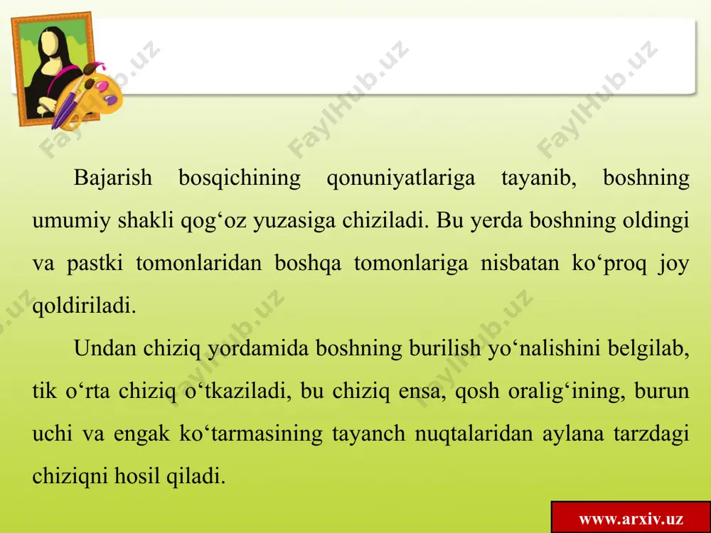 w.arxiv.uz bu bosqichda ko‘zni chizishga ham ahamiyat berish lozim. ko‘z odam yuzining «oynasi». ko‘z orqali kishining ichki dunyosi va yosh xususiyatlarini ifodalash mumkin. shuning uchun rasmdagi tasvir odamning tabiiy ko‘rinishiga o‘xshashligi ko‘proq ko‘z yoki ko‘z qorachig‘ini mohirona tasvirlashga bog‘liq. yuqoridagi uch bosqichda tasvirlash umumiydan xususiyga qarab ishlangan bo‘lsa, bu yerda, aksincha, xususiydan umumiyga qarab tasvirlanadi, ya’ni boshning ko‘rinishi umumlashtirilib yakunlanadi. www.arxiv.uz portretni rangtasvirda chizish ham muhim ahamiyatga ega. graﬁk usulida bajarish kabi rangtasvirda ham bosqichli tasvirlar ishlash mumkin. rang bilan ishlaganda unda xilma-xil bo‘yoqlar bo‘lmasligi kerak. portretni rangda ishlash uchun asosiy ranglarni ifodalovchi bo‘yoqlarni topib, ulardan to‘g‘ri foydalanish lozim.