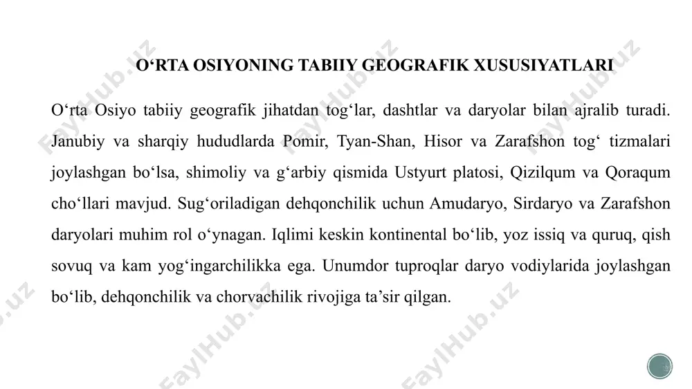 l o‘ynagan. davlatlar ichki barqarorlikni saqlash bilan birga, tashqi siyosatda qo‘shni davlatlar bilan savdo va harbiy ittifoqlar tuzishga intilgan. iqtisodiy hayot: dehqonchilik va chorvachilik ilk o‘rta asrlarda o‘rta osiyoda dehqonchilik va chorvachilik asosiy iqtisodiy tarmoqlar edi. sug‘orish tizimlari rivojlanib, kanallar va ariqlar barpo etildi. bug‘doy, arpa, paxta va uzum yetishtirish muhim ahamiyat kasb etdi. ko‘chmanchi chorvadorlik ijtimoiy tuzumda muhim o‘rin egallab, iqtisodiy va harbiy kuch sifatida xizmat qilgan. savdo-sotiq va ipak yo‘li ilk o‘rta asrlarda o‘rta osiyo ipak yo‘lining muhim markazi bo‘lib, xitoy, hindiston, eron va vizantiya bilan savdo aloqalarini rivojlantirdi. mahalliy hokimliklar savdo yo‘llarini nazorat qilib, bojxona tizimini yo‘lga qo‘ydi. tangalar zarb etilib, pul muomalasi savdoning rivojlanishiga xizmat qildi. din va e’tiqod tizimi ilk o‘rta asrlarda o‘rta osiyoda zardushtiylik asosiy din bo‘lib, jamiyat hayotida muhim rol o‘ynagan. buddizm, maniheylik va xristianlik ham ayrim hududlarda tarqalgan. islom kelishidan avval diniy e’tiqodlar xilma-xilligi mahalliy madaniyatga ta’sir ko‘rsatgan. ilk o‘rta asrlarda o‘rta …