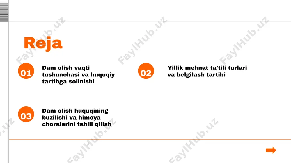 g‘lom turmush tarzini saqlash, kuchini tiklash va oilaviy hayotga vaqt ajratish imkonini beradi. bu huquq mehnat samaradorligini oshiradi va kasbiy charchashning oldini oladi. dam olish huquqining buzilish turlari dam olish kunlarini qisqartirish, majburiy ravishda dam olayotganda ishlashga majburlash, ta’til berilmasligi, qonunda belgilangan normasiz ish vaqti - bular dam olish huquqining asosiy buzilishlaridir. bunday holatlar mehnat shartnomasiga zid hisoblanadi. buzilishlarning oqibatlari ishchilar uchun charchoq va stress ortadi, sog‘lig‘iga zarar yetadi, motivatsiya pasayadi. ish beruvchilar uchun esa jarimalar, ishonch buzilishi va mehnat unumdorligining kamayishiga olib keladi. photo by priscilla du preez 🇨🇦 on unsplash himoya choralarini tahlil qilish mehnat huquqida himoya choralariga jismoniy (mehnat muhofazasi va texnika xavfsizligi), maʼnaviy (inson shaʼni va qadr-qimmatini himoya qilish), moliyaviy (adolatli ish haqi va kompensatsiyalar) vositalari kiradi. ishchilarni himoya qilish mexanizmlari qonuniy (mehnat kodeksi, kollektiv shartnomalar) va amaliy (kasaba uyushmalari, ish joyidagi xavfsizlik nazorati) shakllarini o‘z ichiga oladi. buzilishlarga qarshi strategiyalar: profilaktika (maʼlumot berish va o‘qitish), …