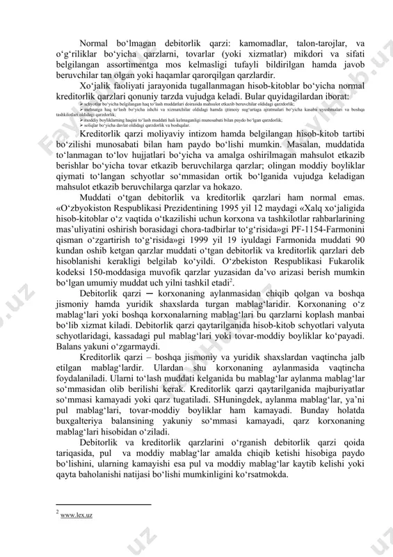 uriyatlarining to‘lash muddatlari bo‘yicha quyidagi tarkibini berib o‘tish mumkin: 1. to‘lash muddati kelgan majburiyatlar; 1. to‘lash muddati o‘tib ketgan majburiyatlar. yil kalendar davrining taqvimi bo‘yicha kreditorlik majburiyatlarining quyidagi shakllarini berish mumkin: 1. 1 oygacha bo‘lgan majburiyatlar; 1. 1 oydan 2 oygacha bo‘lgan majburiyatlar; 1. 2 oydan 3 oygacha bo‘lgan majburiyatlar; 1. 3 oydan 6 oygacha bo‘lgan majburiyatlar; 1. 6 oydan 1 yilgacha bo‘lgan majburiyatlar; 1. 1 yildan ortiq muddatga bo‘lgan majburiyatlar. debitorlik majburiyatlarining aylanish koeffitsienti va aylanish davrini aniqlashdagi kabi bunda ham kreditorlik majburiyatlarining aylanishi koeffitsienti va davri aniqlanadi. lekin, bunda qatnashuvchi ko‘rsatkichlar farqlanadi. kreditorlik majburiyatlarining aylanishini o‘rganishda asosiy ko‘rsatkichlar sifatida nasiyaga olingan yoki hali puli to‘lanmagan mollar, ashyolar, ish va xizmatlar summasiga hamda kreditorlik majburiyatlarining haqikiy ko‘rsatkichlariga murojaat qilinadi. shuningdek, debitorlik va kreditorlik majburiyatlari tarkibida muddati o‘tgan, to‘lov muddati kelgan va to‘lov muddati o‘tmagan majburiyatlarni alohida tarkiblash mumkin. muddati o‘tkazib yuborilgan majburiyatlarning yuzaga chiqish sabablari sifatida quyidagilarni keltirib o‘tish …