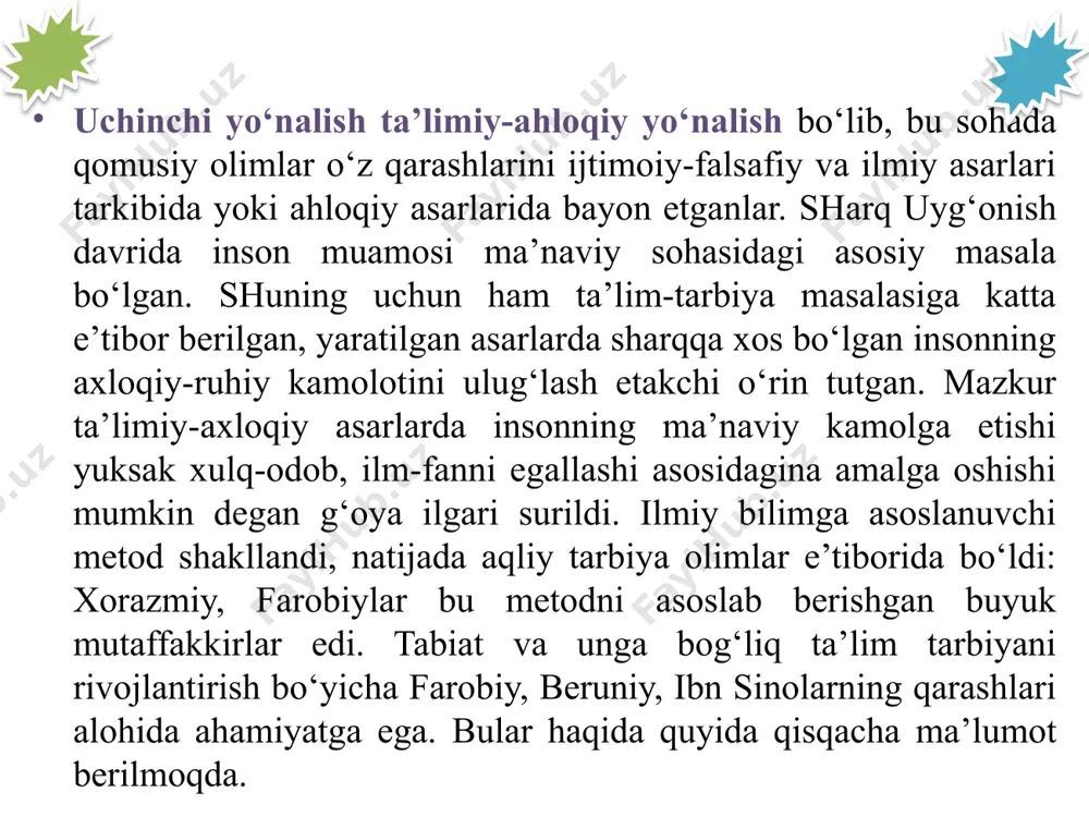 im berishda birdaniga kitobga band qilib qo‘ymaslik; ta’limda yengildan og‘irga borish orqali bilim berish: o‘qitishda jamoa bo‘lib maktabda o‘qitishga e’tibor berish; bilim berishda bolalarning qiziqishi va qobiliyatini hisobga olish; o‘qitishni jismoniy mashqlar bilan qo‘shib olib borish; ibn sino o‘qituvchining qanday bo‘lishi kerakligi to‘g‘risida qator fikrlarni bayon etadi. ular quyidagilardir: bolalar bilan muomulada bosiq, jiddiy bo‘lish; berilayotgan bilimni talabalar qanday o‘zlashtirib olayotganiga e’tibor berish; ta’limda turli metod va shakllardan foydalanish; talabaning xotirasi, bilimlarini egallash qobiliyati, shaxsiy xususiyatlarini bilishi; fanga qiziqtira olish; berilayotgan bilimlarni eng muhimlarini ajratib bera olish; bilimlarni talablarga tushunarli, uning yoshi, aqliy darajasiga mos ravishda berish; har bir so‘zning bolalar xissiyotini uyg‘otish darajasida bo‘lishiga erishish zarur, deydi olim. “jadid” so‘zi arabcha so‘z bo‘lib, “yangi”, “jadidchilik” esa yangilik tarafdorlari degan ma’noni bildiradi. xix asr oxiri – xx asrning boshlarida turkistonda chor mustamlakachiligining kuchayishi natijasida o‘lkada jadidchilik xarakatining vujudga kelishiga sabab bo‘ldi. jadidlar misr, turkiya, kavkaz, turkiston va boshqa o‘lkalarda siyosiy …