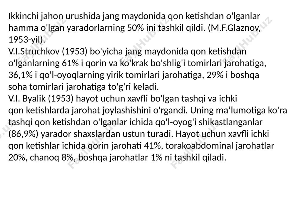 a quyilishi mumkin. qon guruhi i boʻlgan odamlar “universal donorlar” hisoblanadi. iv guruh zardobi boshqa hujayralar bilan yopishmaydi, shuning uchun bu qon guruhiga ega odamlarga boshqa istalgan guruh qonini quyish mumkin. dala sharoitida qon yo'qotish darajasini aniqlash. qon yo'qotish miqdori kerakli mezon bo'lib, transfuzion terapiya uchun muhimdir. uni aniqlash uchun 3 guruh usuldan foydalaniladi: 1. gemodinamik ko'rsatkichlar bahosiga ko'ra (ab darajasi, «shok indeksi»). 2. qonni kontsentratsion ko'rsatgichining bahosiga ko'ra (gematokrit, nv, qonning nisbiy zichligi). 3. aylanib yurgan qon hajmi (ayqh) o'zgarishiga ko'ra atoda qon quyishga tayyorgarlik. malakali tibbiy yordam ko'rsatishda har bir muhtoj bemorga bir guruhli qondan 750 ml. (yuqori doza) miqdorda quyiladi. shunga ko‘ra atoda quyidagilar o'tkaziladi: a) konservatsiya qilingan qon yaroqliligini mikroskopik baholash; b) donor va retsipiyent qonining guruh mosligi; d) individual moslikka sinama o‘tkazish; e) suv hammomida individual rh moslik sinamasi; f) biologik moslik sinamasi avo sistemasi bo'yicha qon guruhini aniqlash uchun kerakli vositalar: 1. uch guruhni …