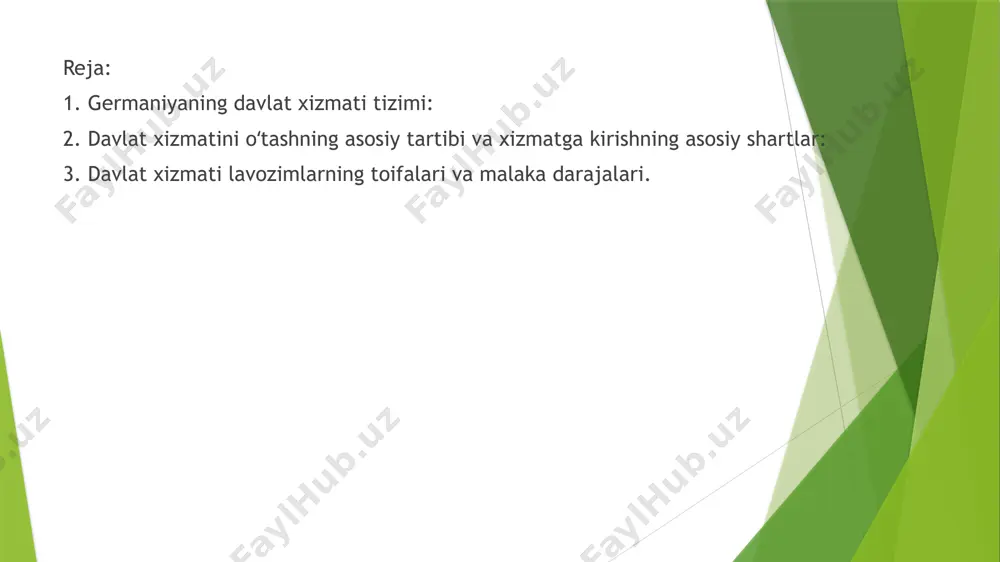 oya qilingan. ularning ishdan bo'shatilishi juda qiyin va faqat aniq sabablar bilan amalga oshirilishi mumkin (masalan, xizmatdagi yomon ishlash yoki jinoyat qilish). davlat xizmatchilari o'z vazifalarini bajarishda siyosiy aralashuvdan himoyalangan, shuning uchun ular faqat o'z vazifalarini bajarishga e'tibor qaratishlari kerak. 4. martaba tizimi va o'qitish: germaniyada davlat xizmatiga kirish uchun maxsus tayyorgarlik va o'qitish mavjud. xodimlar ko'pincha o'zlarining mutaxassisliklari bo'yicha maxsus treninglardan o'tadilar. martaba tizimi ko'plab darajalar va o'qish bosqichlaridan iborat bo'lib, har bir daraja o'zining talab va imkoniyatlariga ega. 5. davlat xizmatchilarining to'lov va pensiya tizimi: germaniyada davlat xizmatchilari uchun pensiya tizimi ham alohida tartibga solingan. ular ko'plab ijtimoiy himoya choralari va boshqa imtiyozlarga ega bo'lib, odatda yaxshi ish haqi va pensiya tizimiga ega bo'ladilar. 6. siyosiy mustaqillik: germaniyaning davlat xizmati tizimi siyosiy mustaqillikni ta'minlashga qaratilgan. davlat xizmatchilari partiyaviy siyosatda faol ishtirok etish huquqiga ega emaslar, shuning uchun ular faqat xizmatni bajarishga e'tibor berishlari kerak. shu tarzda, germaniya davlat …