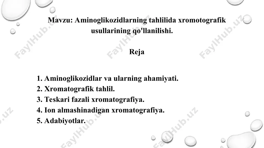 noglikozidlar sil kasalligini davolashda ham qo'llaniladi. aminoglikozidlar in'ektsiya joyidan tez so'riladi, ammo og'iz orqali yoki rektal qabul qilinganidan keyin yomon so'riladi. amikatsinning tuzilishi. dibekatsinning tuzilishi. gentamitsinning tuzilishi. kanamitsinning tuzilishi. ular ichakda faollashtirilmaydi va najas bilan miqdoriy jihatdan chiqariladi. tizimli mavjud bo'lgan aminoglikozidlar deyarli butunlay asosiy birikma sifatida glomerulyar filtratsiya orqali chiqariladi. aminoglikozidlar to‘qima oqsillari va makromolekulalar bilan ionli bog‘lanish orqali bog‘lanadi, ammo plazma oqsillari bilan bog‘lanishi past (<25%). to'qimalarda aminoglikozidlar odatda past konsentratsiyalarda va bog'lanmagan holda topiladi, faqat buyrak po'stlog'idan tashqari, ular konsentratsiyaga moyil bo'ladi. plazmadagi aminoglikozidlarning yarimparchalanish davri 2-3 soatni tashkil qiladi, ammo to'qimalarda bog'langan aminoglikozidlar 30 dan 700 soatgacha. aminoglikozidlarni davolashda asosiy tashvish ularning toksikligidir. guruhning barcha a'zolari ham nefrotoksik, ham ototoksikdir. muammolar buyrak funktsiyasi buzilgan bemorlarda aniqlanadi. aminoglikozidlarning terapevtik diapazoni tor bo'lganligi sababli, terapevtik dori monitoringi zarur. 2. xromatografik tahlil. bir vaqtning o'zida sifat va miqdoriy aniqlash uchun aminoglikozidlarni tahlil qilish uchun xromatografik usullar kerak. biroq, aminoglikozidlarning …