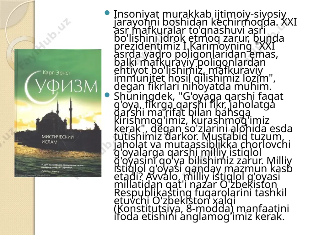 qiladi. 1. oliy hokimyat imomat, halifalik 2. iymon. 3. qazo va qadar 4. allohning zoti vasifatlari masalasi. 5. fiqhiy masalalar. har qanday musulmon fiqihda malum maktab yoki mazhabga masalan, hanafiylikka ergashgan bo`lishi bilan bir vaqtda, iymon masalasida asha`riy, taqdirb masalasida qadariy, sifat masalasida esa mo`taziliy aqidasida bo`lishi mumkin. azaldan bizning yurtimizda fiqihda hanafiylik, aqidada esa moturudiy talimotiga rioya qilib kelingan. lekin usul asosiy masalalar yuqorida sanab o`tilgan sunniylik mazhablari asosida hech qanday ihtilof, qarama – qarshilik yo`qdir. ularning barchasi (to`g`ri) yo`ldan boruvchi deb etibor etilgandir. 1. islom dinida etirof etilgan yo`nalish va mazhablar. 2. sunniylik ahli sunna val jamoa «tasavvuf» so’zining lug’aviy ma’nosi haqida har xil fikrlar bor. abu rayhon beruniy uni «faylasuf» so’zidan «suf» so’zi bilan bog’laydi. suf so’zi arablarda jun va undan to’qilgan matoni anglatadi. so’fiylar kiyimi dastlab jun chakmon yoki qo’y terisidan tikilgan po’stin bo’lgan, shunga ko’ra ana shu talqin to’g’rirokdir. so’fiy degan so’z ham «suf»dan yasalgan …