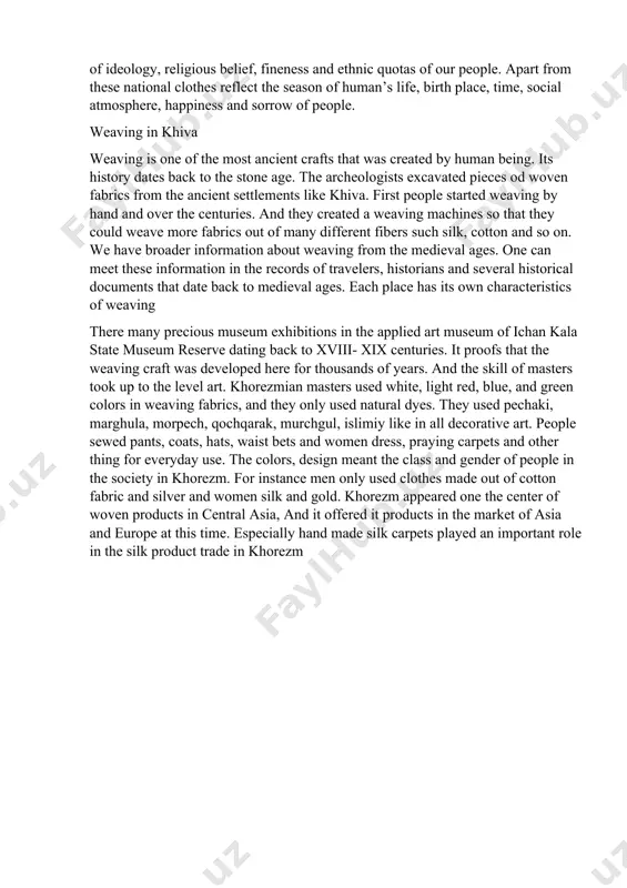 here of life in the country were initiated by the khan. and its people enjoyed his untiring care of order, culture, social life and freedom during his reign. he gained peoples’ respect especially when he managed to keep khiva khanate independent from russian forces until the late 19th century. he was not only the ruler but skilled musician and poet. he wrote his works with pen-name feruz. in 1870 khivans had very stable financial increase thanks the khans initiatives. there many big and small factories and workshops of local craftsmen in the country. and each of them had market places in the bazaars. they even exported the goods foreign countries such as persia, russia. islam khoja islam khoja was born in 1879 in the family khan’s official ibrahim khoja. islam khoja was his second son. he got his basic education from special tutors and went to medrassah in khiva. after …
