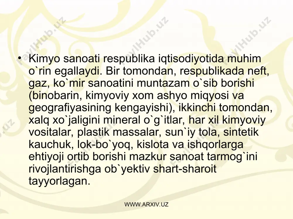 (yillik quvvati 42 ming t.) ishlab chiqariladi. bu sun`iy tolalardan gazlama, gilam, trikotaj ishlab chiqarishda foydalaniladi. 1999 yilda mamlakat iqtisodiyoti uchun 11472 t kimyoviy tolalar yetkazib berilgan. kaprolaktomning hammasi, atsetat va nitron tolalarining deyarli 2/3 qismi respublikadan tashqariga jo`natiladi. www.arxiv.uz www.arxiv.uz www.arxiv.uz www.arxiv.uz gidroliz korxonalariga farg`ona furon birikmalari, yangiyo`l biokimyo, andijon gidroliz zavodlari kiradi. asosiy xom ashyo-chigit shulxasi, sholi qibig`idan texnik etil spirti, furfurol, ozuqa achitqilari (xamirturush), furil spirti va boshqa mahsulotlar olinadi. o`tgan asrning 90-yillari boshidan bu zavodlarda g`alladan oziq-ovqat (etil) spirti ishlab chiqarish o`zlashtirildi. hozirda oziq-ovqat, tibbiyot, atir upa va boshqa sanoat tarmoqlarini respublikaning o`zida ishlab chiqarilgan spirt bilan ta`minlash imkoniyati yaratilgan. www.arxiv.uz www.arxiv.uz www.arxiv.uz www.arxiv.uz rezina mahsulotlari angren "o`zbekrezinatexnika" birlashmasi va toshkent rezina texnika mahsulotlari zavodida ishlab chiqariladi. ilgari asosan maxsus rezina mahsulotlari ishlab chiqargan "o`zbekrezinatexnika" birlashmasi 1987 yildan xalq iste`moli tovarlari ishlab chiqarishga o`tdi. 1992 yildan shinalar ishlab chiqarishni o`zlashtirishga o`tildi. unda 1996 yildan yengil avtomobillar …
