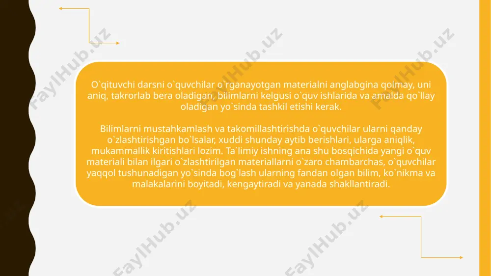 `yicha vakolatli davlat organi tasdiqlagan «akademik liseylar va kasb-hunar kollejlari o`quvchilarining bilim saviyasi, ko`nikma va malakalarini nazorat qilishning reyting tizimi to`g`risida»gi nizom asosida reyting-nazorat shaklida o`tkaziladi. nazoratning reyting tizimi quyidagi nazorat tadbirlari o`tkazilishini ko`zda tutadi. joriy nazorat — og`zaki so`rov, kollokviumlar, seminarlar, yozma ishlar, laboratoriya ishlari, texnikaviy diktant, kurs loyihalari, uy vazifasi va hokazo, ya`ni o`qituvchi o`z amaliyotida qo`llaydigan barcha so`rov turlarini o`z ichiga oladi. oraliq nazorat - fannining ma`lum bir qismi bo`yro`g`i yakunlangandan so`ng o`tkaziladi. oraliq nazoratning o`tkazilish tartibi, shakli ta`lim muassasasining ilmiy-pedagogik kengashi tomonidan belgilanadi. e’tiboringiz uchun rahmat! image1.png image2.png image3.png /docprops/thumbnail.jpeg