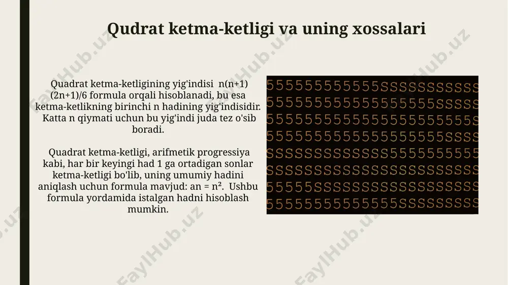 haddining nisbati, oltin nisbat (taxminan 1.618) ga yaqinlashadi, ketma-ketlikning chegarasi shu nisbatga intiladi. chegaraviy nisbatga yaqinlashish jarayoni ketma-ketlikning hadlari kattalashgan sari tezlashadi, yaʼni katta hadlarning nisbati oltin nisbatga ancha yaqin boʻladi. e'tiboringiz uchun rahmat @taqdimot_robot image1.jpg image2.jpg image3.jpg image4.jpg image5.jpg image6.jpg image7.jpg image8.jpg image9.jpg