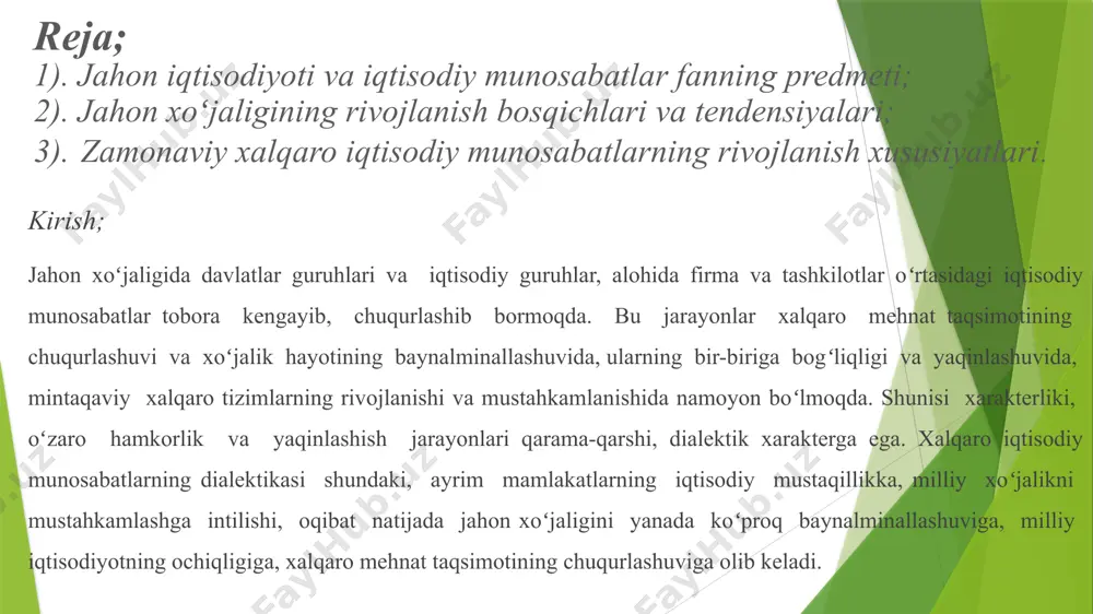 arini urganadigan far bo‘lib xizmat qiladi. xalqaro iqtisodiy munosabatlar tizimiga quyidagilar kiradi: xalqaro iqtisodiy tizim xorijiy olimlarning fikirlari xalqaro mehnat taqsimoti. mehnat turlarining bir-biridan ajralib mustaqil ahamiyat kasb etishi; mehnat turlarining ixtisoslashuvi. xalqaro tovar va xizmatlar savdosi xalqaro savdo bu turli davlat-milliy xoʻjaliklari oʻrtasidagi tovar va xizmatlarning ayirboshlash jarayonidir. xalqaro kapital va xorijiy investisiyalar harakati chet el investorlari tomonidan yuqori darajada daromad olish, tadbirkorlik va boshqa faoliyatlariga safarbar etadigan barcha mulkiy, moliyaviy, intellektual boyliklaridir. xalqaro ishchi kuchi migrasiyasi ishchi kuchi migratsiyasi (labor force migration) – mehnatga layoqatli aholining iqtisodiy yoki boshqa harakterdagi sabablar tufayli bir davlatdan ikkinchisiga 1 yildan ortiq muddatga ko’chib o’tishi. xalqaro valyuta-moliya va kredit munosabatlari. pul va moddiy vositalarning xalqaro iqtisodiy munosabatlardagi harakati. xalqaro iqtisodiy integrasiya mamlakatlar milliy xoʻjaliklari darajasida iqtisodiy aylanish xalqaro iqtisodiy munosabatlar, jahon xoʻjaligi vujudga kelmasdan oldin ham mavjudboʻlgan. jahon xoʻjaligi vujudga kelishi uy xoʻjaligi vujudga kelishi masalan: evropa davlatlari oʻrtasidagi xim, mintaqalar (evropa-shimoliy …