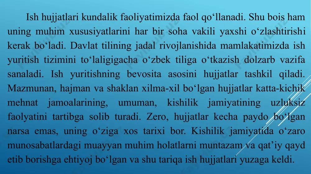 s bayoni, hisobot kabi) hujjatlar bir necha jihatlariga ko‘ra tasniflanadi mazmun bayonining shakliga ko‘ra hujjatlar xususiy namunaviy qolipli xususiy hujjatlar fuqarolardan kelib tushgan ariza va shikoyatlar, ularning asosida olib boriladigan xizmat yozishmalari namunaviy hujjatlar ish yuritish sohasiga oid hujjatlarning aksariyati, ya’ni har bir tashkilot va uning bo‘linmalari uchun zaruriy bo‘lgan bildirgi , xizmat ma’lumotnomasi, tavsifnoma, majlis bayoni kabilar qolipli hujjatlar asosan davlat idoralarida qo‘llanadi, ular ish faoliyatini osonlashtiradi. ish jarayonida qulaylikni oshiradi. tegishlilik jihatiga ko‘ra xizmat (rasmiy) va shaxsiy hujjatlar farqlanadi: xizmat (rasmiy) hujjatlari tayyorlanishiga ko‘ra tashkilot yoki mansabdor shaxslarga tegishli hujjatlar bularga ishga qabul qilish buyruqlari, javob, kafolat, axborot xatlari va boshqalar kiradi. shaxsiy hujjatlar yakka shaxs tomonidan yoziladigan, ularning xizmat faoliyatlaridan tashqaridagi yoki jamoat ishlarini bajarish bilan bog‘liq masalalarga tegishli bo‘ladigan hujjatlar bularga shaxsiy ariza, shikoyat va boshqalar kiradi. hujjatlar xizmat mavqeyiga ko’ra bir necha turlarga bo’linadi hujjatlar hizmat mavqeyiga ko’ra bir necha turlarga bo’linadi 9 hujjatlar tashkiliy …