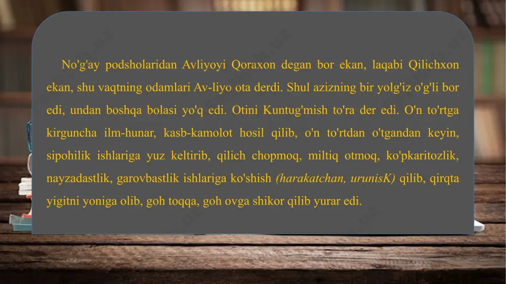 odam qolmadi. kundan kun xolbekaning husni ziyoda bo'lib, shuhrat ovozasi ortar edi. kunlardan bir kun xolbeka qirq zinali ko'shkining ustiga chiqib, olamni tomosha qilib o'tirib edi, shu shaharning podshosi buvraxon xolbekaning jamolini ko'rib, yuz shaydoyi dil bilan oshiqi beqaror bo'lib, ixtiyorini qo'lidan oldirib, dilida sabr-u qarori qolmay, arkiga borib tushib, bostirib sovchini qo'ya berdi. «tegsa ham ola­man, tegmasa ham olaman, boshqaning kelganini ko'ra-man», - deb odam yubordi. xolbeka javob aytdi: «podsho nomardlik qilmasin, o'ziday podsholarga ta'na-malo-mat bo'lmasin. mening shu shartim eshitmagan, bilmagan odam yo'q. ayol bo'lsam ham qavlimdan qaytmayman, shohingdan qo'rqmayman. bizga oshiq bo'lgan bo'lsa, kelsin, nard o'ynasin; utsa tegaman, utdirsa podsho deb siylamayman, so'yaman, jonidan kechsa bizga kelsin», -deb sovchisini qaytardi. sovchi bu voqealarni podshosi-ga bayon qildi. podsho eshitib, hayron-lol bo'lib, arkoni davlatiga qarab, ulardan maslahat so'rab: — e umarolarim, e vaziri donolarim, bu ishning oxiri qanday bo'ladi? borib nardini o'ynasak, utdirsak, bizni shoh deb siylamasa, qo'yaylik desak, ishqibozlik …