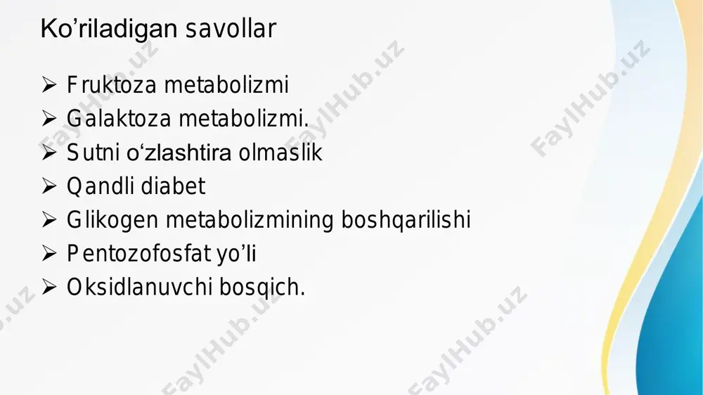 reaksiya hujayrada faqatgina, udf-galaktoza bilan bo‘ lishi mumkin. udf-galaktoza uridilfosfat-4-epimeraza fermenti bilan katalizlanadigan reaksiyada udf-glyukozadan (glikogen sintezining metaboliti)1ıosilbo‘ladi.biroqgalaktozaniepimerizatsiyareaksiyasiga kiritilishi, galaktozo-1-fosfat hosil qilib. fosforillanishiga olib keladi. keyinchalik galaktozo-1-fosfat, udf-glyukozadagi glyukoza qoldi- g‘ ining o‘mini egallaydi va udf-galaktoza hosil bo‘ ladi, ya’ni ga- laktozaning utf bilan to‘g‘ridan-to‘g‘ri fosforillanish reaksiyasi amalga oshmaydi. uridil qoldig‘ining udf-glyukozadan galaktozaga o‘tishi, galaktozo-1- fosfaturidiltransferaza (galt) fermenti yorda- mida katalizlanadi galaktozo-1- fosfaturidiltransferaz a fermenti yetishmovchiligi natijasida yuzaga keladigan galaktozemiya kasalligi • bu kasallik erta boshlanib, asosan, bolalar uchun havfli, chunki ularning asosiy uglevod manbayi - laktoza saqlovchi ona sutidir. tug’ilgandan so‘ng go‘dak ona sutini qabul qila boshlagach, unda qusish, diareya, degidratatsiya, tana massasining kamayishi va sariqlik kabi kasallikning erta simptomlari paydo bo‘ ladi. qonda, siydik va to‘qiınalarda galaktoza va galaktozo-1-fosfat konsentratsiyasi oshadi. ko‘z to‘qimalari(gavhar)da, galaktoza aldoreduktaza fermenti ta’sirida galaktitol (dulsit)ga aylanadi. galaktitol shishasimon tanada to‘planadi va o‘zida ko‘p miqdorda suv tutadi. buning ta’sirida elektrolitlar balansi buzilib, ko‘p miqdorda gidratatsiya, …