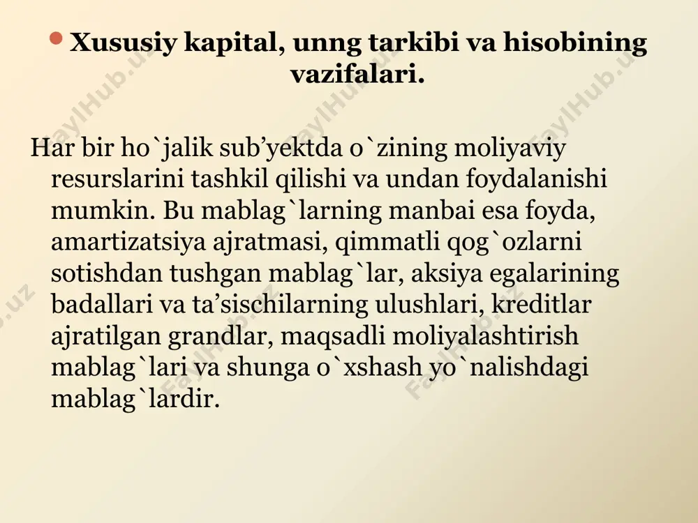 onalarda ustav kapitalining miqdori quydagicha belgilanadi: aksiyadorlik jamiyatlarida-ustav kapitali nominali bo`yicha aksiyalar jami qiymatiga muvofiq; mulkka jamoa egaligi bo`lgan korxonalarda- barcha hodimlar ulushlari sumasiga muvofiq; davlat korxonalarida- ustav kapitali davlat xo`jaligini amalga oshirish uchun korxonaga biriktirib qo`yilgan mol-mulk summasiga muvofiq; masuliyati cheklangan jamiyat(shirkat)larda- ta’sis hujjatlariga binoan mukka egalik hissalari summasiga muvofiq; davlatga qarashli korhonalar- ustav fo`ndi miqdori uning xo`jalik faoliyatini amalga oshirish uchun davlat tomonidan biriktirilgan mol-mulk summasiga muvofiq keladi. davlat korxonasining ustav kapitali- davlat tomnidan korxonaning doimiy tasarufiga tekinga berilgan moddiy va pul mablag`lari summasidir. ustav kapitali hisobiga asosiy va aylanma mablag`lar shakillanadi. korxonaga asosiy vosita mavjud ishlab chiqarish hajmi ga va ishlab chiqarishga hizmat ko`rsatish obyektlariga qarab aylanma mablag`lar esa normativ asosida beriladi normativ yuqori tashkilot tomandan belgilanadi, ammo ularni taqsimlashni korxonaning o`zi mustaqil amalga oshiradi ustav kapitali hisobi. ustav kapitalining buxgalteriya hisobi quyidagi asosiy me’yoriy hujjatlar bilan tartibga solinadi: “buxgalteriya hisobi to`g`risida”gi qonun, 1-son bhms, 15-son bhms …