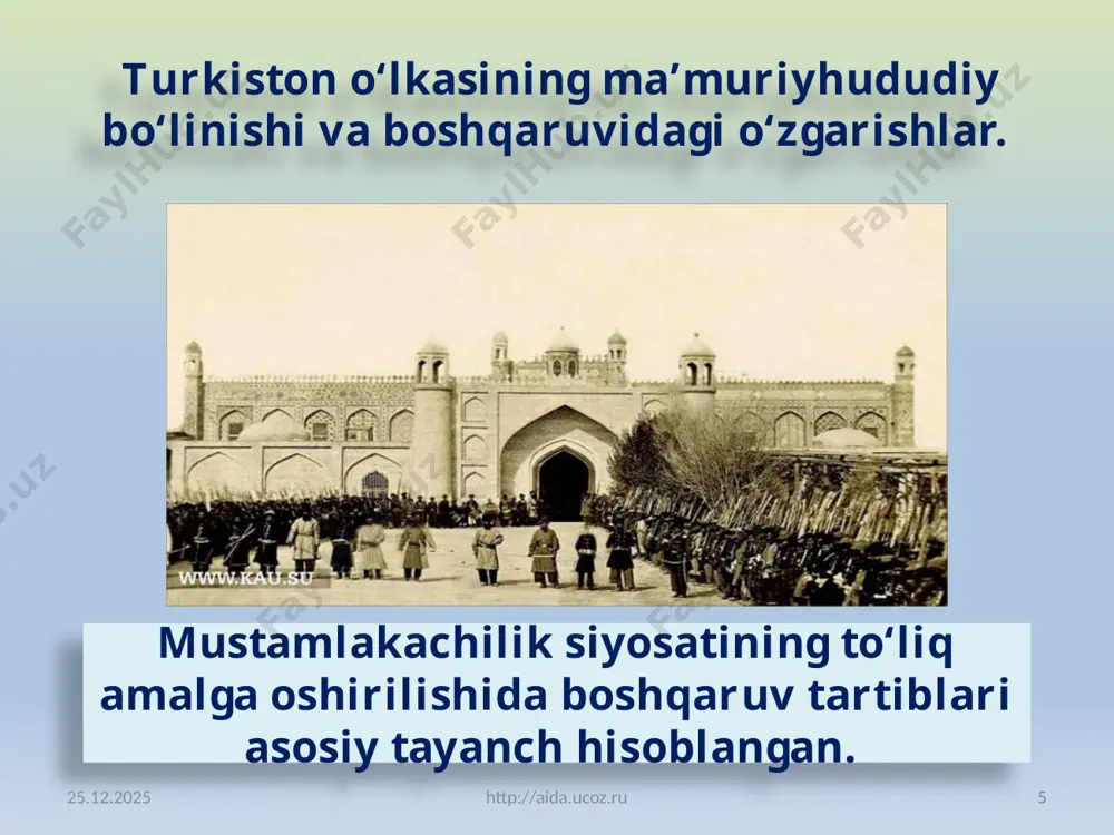 ari qaytadan avj olib, andijonda darvishxon boshchiligida qo‘zg‘olon ko‘tarildi. endi xalq norozilik harakatlari qatnashchilari o‘z usullarini o‘zgartirib, boylar va volost boshliqlarining qarorgohlariga hujum uyushtirdilar. 1892-yildan mustamlakachilar ma’murlarga qarshilik ko‘rsatgan oddiy fuqarolarni bevosita harbiy dala sudiga bera boshladilar. «gunohkorlar»ni ochiqchasiga qatl etish orqali odamlarni qo‘rqitish endilikda mustamlakachilar quroliga aylandi. 15.02.2023 http://aida.ucoz.ru 19 1892-yilning mart oyida afg‘onistonda vabo kasalligi tarqaldi. bahor faslining oxirlariga kelib bu kasallik samarqand viloyatining jizzax uyezdida, iyunda esa toshkentda ham qayd qilindi. sanitariya tadbirlari xalqqa ishonarli qilib tushuntirilmadi. bundan tashqari, shifokor-feldsherlar yetishmasligi sababli bemorlarni tekshirish ko‘pincha uchinchi yo to‘rtinchi kuni o‘tkazilar edi. bu vaqtda aholi o‘rtasida mustamlakachi ma’murlar suvni, shifokorlar esa bemorlarni qasddan zaharlayotgani, murdalarning qabrlardan chiqarib tashlanayotgani to‘g‘risidagi mish- mish gaplar tarqaldi. 15.02.2023 http://aida.ucoz.ru 20 tarixda «vabo isyoni» (yoki «toshotar voqeasi») deb nom olgan qo‘zg‘olon 1892-yil 24-iyunda boshlandi. xalq s. putinsevdan oqsoqolni ular ixtiyoriga berishni talab qildi. qo‘zg‘olonni bostirish uchun kazaklar polki va bir rota askar chaqirildi. …