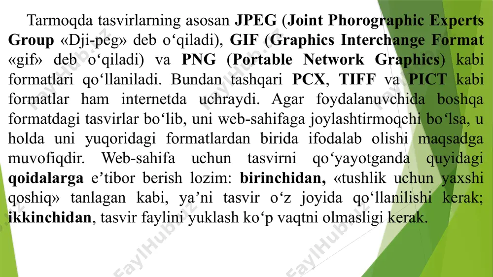 i maʼlumot boʻlishi zarur. bu alternative matnli maʼlumot tegiga alt parametri yordamida qoʻshiladi va matnli qiymat qabul qiladi. misol: . agar grafik tasvir brauzer tomonidan ekranga chiqarilsa u holda alternativ matn sichqoncha koʻrsatkichi tasvir ustiga olib borilganda koʻratkich yonida paydo boʻladi. grafik tasvir haqidagi toʻliq maʼlumotni beruvchi internet manba manzilini koʻrsatuvchi longdesc parametric ham sichqoncha koʻrsatkichi yonida paydo boʻluvchi matnli maʼlumotni yaratishda ishlatiladi. bu parametr qiymati sifatida tasvirning url manzili koʻrsatiladi. jimlik holati boʻyicha grafik tasvir saqlangan paytda qanday gorizontal va vertikal oʻlchamlarda saqlangan boʻlsa ekranda ham xuddi shunday tasvirlanadi. grafik tasvirni foydalanuvchi oʻzi xohlagan oʻlchamda tasvirlash imkoniyatiga ega, buning uchun height va width parametrlaridan foydalaniladi. web sahifada grafik tasvirni boshqa obyektlardan boʻsh joy bilan ajratib turuvchi hspace va vspace parametrlari ham mavjud. hspace parametri boʻsh joyni gorizantal boʻyicha piksellarda oʻrnatsa, vspace parametri esa vertikal boʻyicha oʻrnatadi. bu parametrlar qiymati faqat sonlarda beriladi. border parametri bilan tasvir atrofidagi chegara qalinligi …
