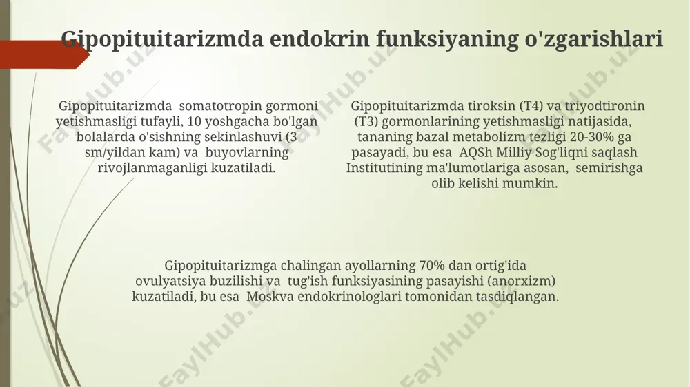 ), butun dunyo bo'ylab 200 milliondan ortiq odamga ta'sir qiladi va metabolizmning sekinlashishi, vazn ortishi va charchoqqa olib keladi. qandli diabet, global miqyosda 537 million odamga ta'sir qiluvchi insulin ishlab chiqarish yoki uning ta'sirining buzilishi bilan tavsiflanadi, bu esa qondagi glyukoza darajasining oshishiga va jiddiy sog'liq muammolariga olib keladi. gipotireozda endokrin funksiyaning o'zgarishlari gipotiroidizmda tsh darajasi 5 miu/l dan yuqori bo'lishi mumkin, bu esa gipotalamus-gipofiz-qalqonsimon bez o'qi faoliyatining buzilishini ko'rsatadi va bu butun dunyo bo'ylab 2% aholi sonini tashkil etadi. gipotiroidizmda periferik to'qimalarda t3 va t4 gormonlarining kontsentratsiyasi pasayadi, bu esa metabolik jarayonlarning sekinlashishiga olib keladi va bu holat ayniqsa, 40 yoshdan oshgan ayollar orasida keng tarqalgan. gipotiroidizmda qalqonsimon bezning hajmi kattalashishi (yo'g'onlashishi) kuzatiladi va bu o'zbekistonning ayrim hududlarida yod etishmovchiligi bilan bog'liq bo'lishi mumkin, bu esa 10-20% gacha ko'payishi mumkin. giperprolaktinemiyada endokrin funksiyaning o'zgarishlari giperprolaktinemiya, ayniqsa, ayollarda, tuxumdon funksiyasining susayishiga, amenoreya (hayz ko'rishning yo'qligi) va infertillikka (15-25% hollarda) olib …