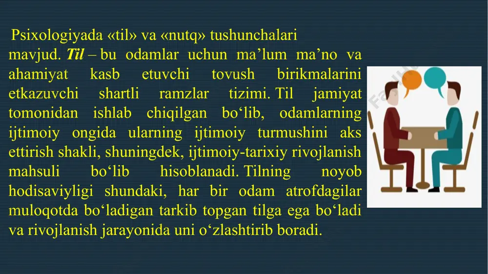 irini, shakllanish omillarini o’rganish zarurdir. nutq tug’ma qobiliyat emas, balki xayot davomida bolaning jismoniy va aqliy faoliyati davomida shakllanib boradi muloqotning inson filogenetik (— tirik organizmlar turlarning tarixiy taraqqiyoti) va ontogenetik (shakllana boshlashidan hayotning oxirigacha sodir boʻladigan ketma-ket oʻzgarishlar majmui.) rivojlanishidagi ahamiyati. inson muloqotda shakllanadi, rivojlanadi va shaxs sifatida namoyon bo‘ladi. ijtimoiy muloqotda ruhiyat taraqqiy etadi va individ o‘zini hayotga joriy etadi. ruhiy jihatdan rivojlangan odamlar bilan muloqotda bo‘lish orqali, ilm olishga bo‘lgan keng imkoniyatlar evaziga inson o‘zining barcha yuksak qobiliyat va sifatlarini egallab borib, shaxsga aylanadi. tirik mavjudotlar muloqoti filo- va ontogenezda rivojlanadi. bu rivojlanish jarayonning barcha asosiy tomonlari: mazmuni, maqsadlari va vositalarini egallaydi. muloqotning filogenetik taraqqiyoti muloqot mazmunining o‘zgarishi bilan bog‘liq bo‘lib, quyidagi fikrlarda o‘z ifodasini topadi: - bir mavjudotdan ikkinchisiga etkaziladigan muloqot mazmunining yangi axborot bilan boyitilishi. avvalo – bu organizmning ichki, biologik holatlari haqidagi ma’lumotlar; so‘ngra – tashqi muhitning hayotiy muhim xossalari haqida axborot. 1. verbal …