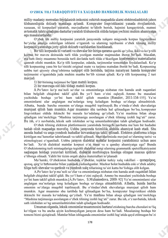 ek tilining izohli lug‘ati” zarur. bu ish, o‘z navbatida, leksik sath islohidan so‘ng umumlashtirishni talab qiladigan hodisadir. o‘zbek tilining elektron platformasini yaratishda biringchi navbatta ma’lum bir hududni tanlab olish maqsadga muvofiq. ushbu jarayonda tizimlilik alohida ahamiyat kasb etadi. shu asosda hudud va unga yondosh hududlar birvarakayiga tahlil qilinadi. elektron platforma ichiga kiritilgan ma’lumotlar tahrirlanadi va tahlil qilinadi. shavalarimizda mavjud so‘zlarning tarixi va etimologiyasi o‘rganiladi. ushbu jarayon dialektal matnlar korpusini yaratishimiz uchun asos bo‘ladi. xo‘sh dialektal matnlar korpusi o‘zi nima va u qanday ahamiyatga ega? bunda o‘zbekistonning turli mintaqalariga tegishli dialektal nutqi ularning grammatik spetsifikatsiyasini saqlangan holdagi yozuvlari kiritiladi, dialektal morfologiya hisobga olingan maxsus qidiruv e’tiborga olinadi. yahlit bir tizim orqali sheva materiallari to‘planadi ma’lumki, o‘zbekiston hududida o‘zbeklar, tojiklar turkiy xalq vakillari – qoraqolpoq, qozoq, qirg‘iz turkmanlar bilan yondash yashashganlar. mazkur holat hududda eski o‘zbek adabiy tiliga turli shevalar va qardosh va yondosh xalq tillarining ta’siri katta bo‘lishiga olib kelgan. a.po‘latov …