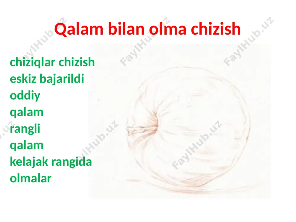 chiziqlarni silgi bilan olib tashlashingiz kerak. agar juda ko'p ushlangan bo'lsa, uni qayta tiklang. oxirgi bosqich tafsilotlarni ishlab chiqish bo'ladi: limon bargining tomirlari, sopi va meva yuzasida soya. oxirida biz rangga ega bo'lgan rasmning barcha qismlarini soya qilamiz: qobig'i, tilimlari, bargi va poyasi. bo'yoqlardan foydalanib, biz birinchi navbatda ochiq sariq, keyin sariq, keyin to'q sariq rangli qatlamlarni qo'llaymiz. sopi chizish uchun biz salat va yashil ranglardan foydalanamiz. nihoyat, biz konturni qora rang bilan aniqlaymiz. shaftoli 1) doira, so'ngra shaftoli va bargning yuqori qismini torting. keyin ikkinchi shaftolining suyagini birinchisidan o'rtada chapga chizamiz. 2) ikkinchi shaftoli pulpasini torting. 3) suyakni va uning atrofidagi pulpaning qorong'i joyini yoping. 4) to'qroq ohangda, suyaklardagi teshiklarni chizib, ularning atrofidagi joylarni qorong'ilashtiring, so'ngra asl tasvirda qizg'ish bo'lgan joyni quyuqroq qiling, pulpaning o'zini yo'nalishdagi yorug'lik chiziqlari bilan tasvirlang, rasmga qarang, bo'yoq qiling. pastki qismi. 5) endi biz birinchi shaftoliga o'tamiz, quyuq ohangda biz pastki qismning soyasini qilamiz, …