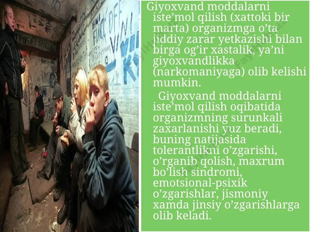 avolash usuli: birinchi yili - har oyda bir marta narkologik kabinetga borish, 2 nchi yili - ikki oyda bir marta, 3 nchi yili uch oyda bir marta, 4 nchi yili - har to’rt oyda bir marta va 5 nchi yili bir yilda ikki marta narkologik kabinetga uchrashishi kerak. narkomanlarni va toksikomanlarni davolash statsionardan chiqqach bir oy mobaynida davom ettiriladi. davolash, ya’ni bemor bilan yaqin muomulada bo’lish bilan psixoterapiya va gipnozoterapiya kurslarini o’tkazish usullari bilan olib boriladi ziyaevlar oilasining 5 ta –ma qoidasi 1. o’qishdan keyin o’ynama 2. tunda kuchada yurma 3. uyda tatimagan, ko’rmagan narsangni xech joyda tatima 4. begona odamlar bilan gaplashma 5. oila avtoritetini tushirma ogoh bo`ling-sog’ yashaysiz! e’tiboringiz uchun tashakkur каждый нормальный человек стремит каждый нормальный человек стремит